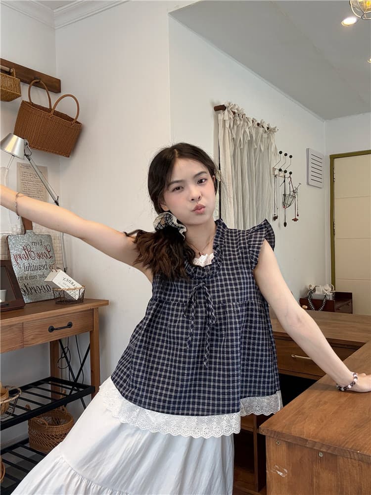 한 부서 체크무늬 페이크 레이어드 여성 셔츠 여름 레이스 패치워크 연령 감소 민소매 인형 셔츠 상세 이미지 17