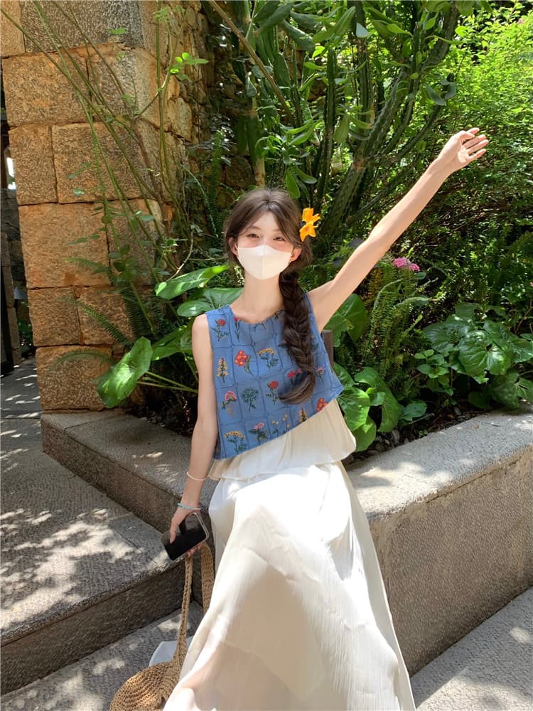 실사 정가 디자인 센스 불규칙 배색 레트로 자수 작은 셔츠 여성 루즈핏 슬림해 보이는 민소매 조끼 맨위 상세 이미지 1