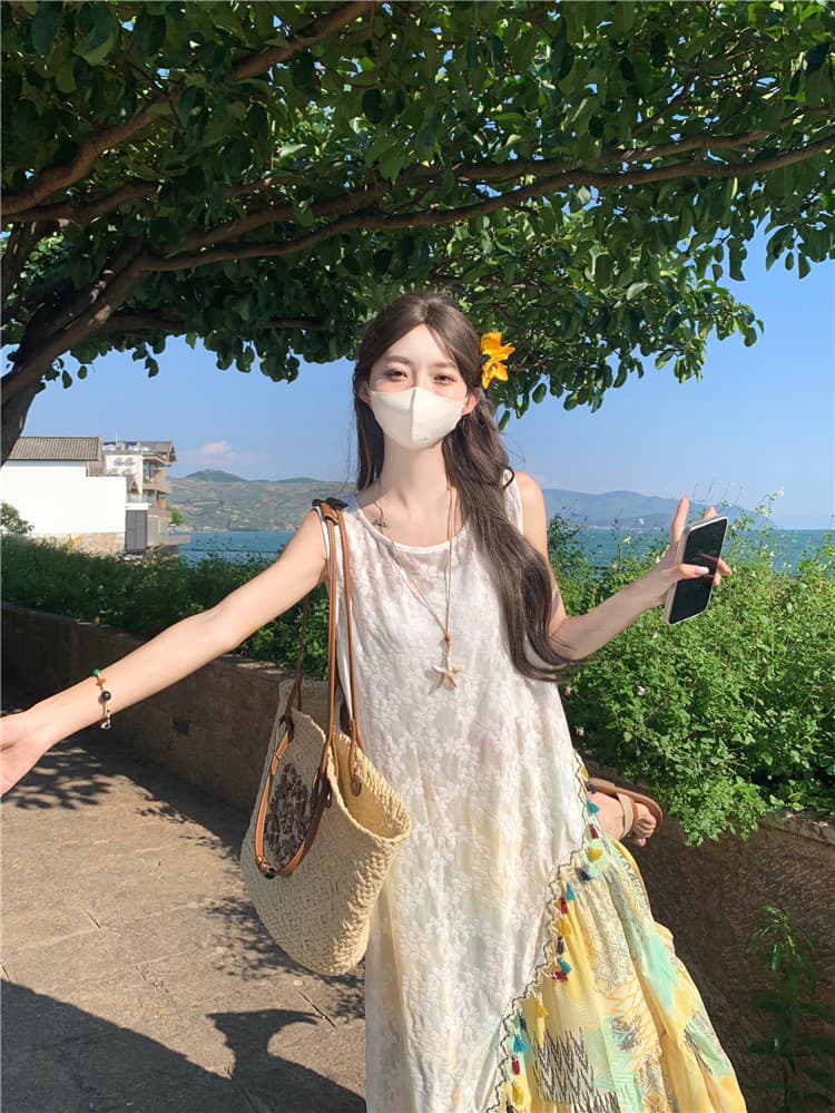 실사 정가 불규칙 술 측면 홀로우 아웃 자수 레이스 조끼 스커트 여성 여름 루즈핏 빅 플레어 스커트 투피스 세트 상세 이미지 8
