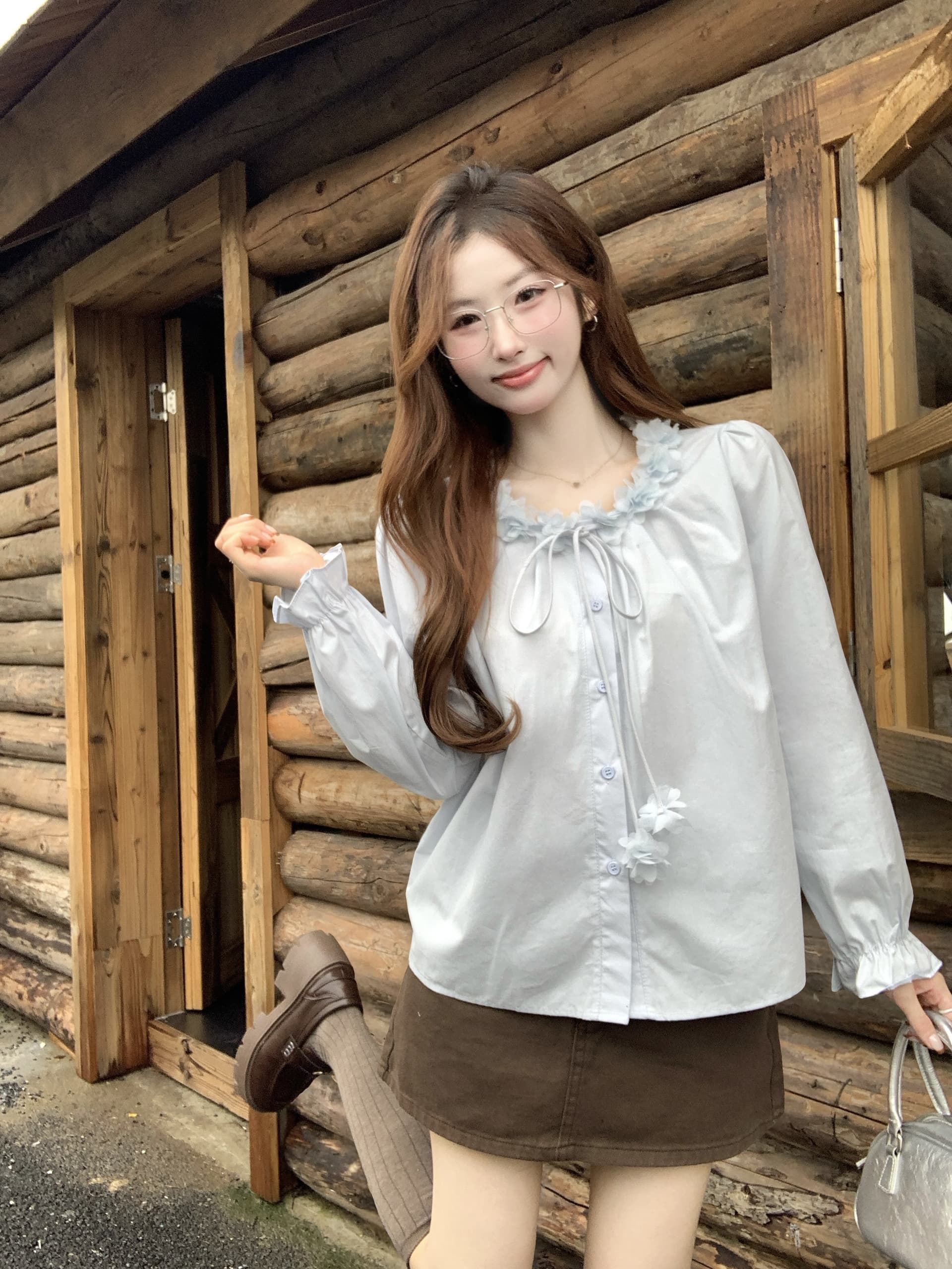 실사 정가 프랑스식 달콤함 3 차원 꽃 여성 셔츠 가을 외국 가스 연령 감소 루즈핏 스트랩 긴팔 맨위 이미지 2