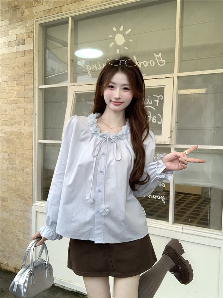 실사 정가 프랑스식 달콤함 3 차원 꽃 여성 셔츠 가을 외국 가스 연령 감소 루즈핏 스트랩 긴팔 맨위 상세 이미지 4