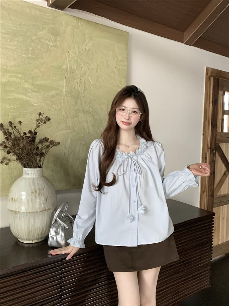 실사 정가 프랑스식 달콤함 3 차원 꽃 여성 셔츠 가을 외국 가스 연령 감소 루즈핏 스트랩 긴팔 맨위 상세 이미지 7