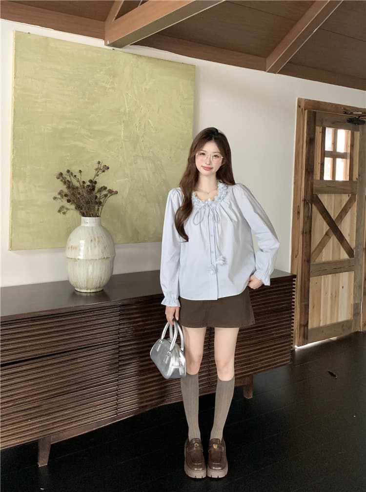 실사 정가 프랑스식 달콤함 3 차원 꽃 여성 셔츠 가을 외국 가스 연령 감소 루즈핏 스트랩 긴팔 맨위 상세 이미지 8