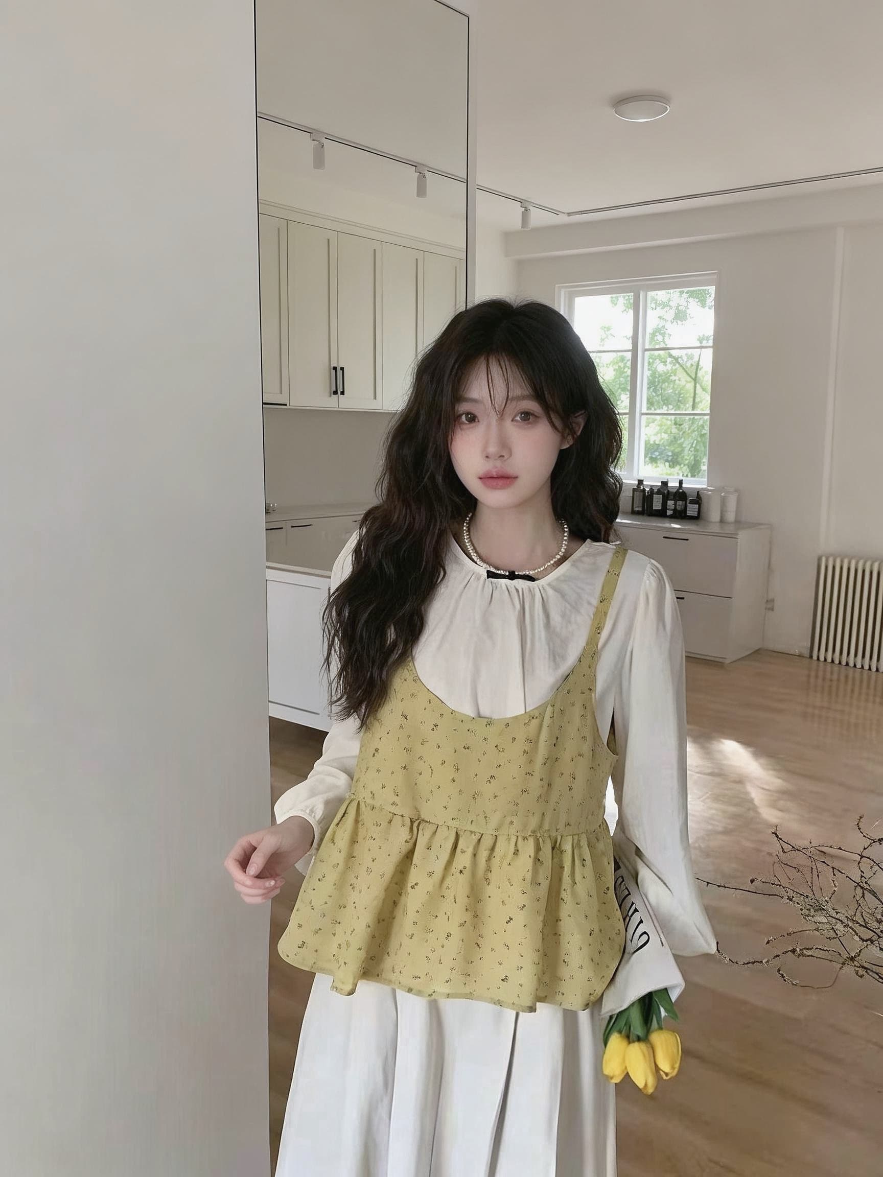 실사 정가 봄 두 조각 여성 세트 꽃무늬 프릴 캐미솔 가져 가라. 라운드 넥 주름 긴팔 티셔츠 이미지 5