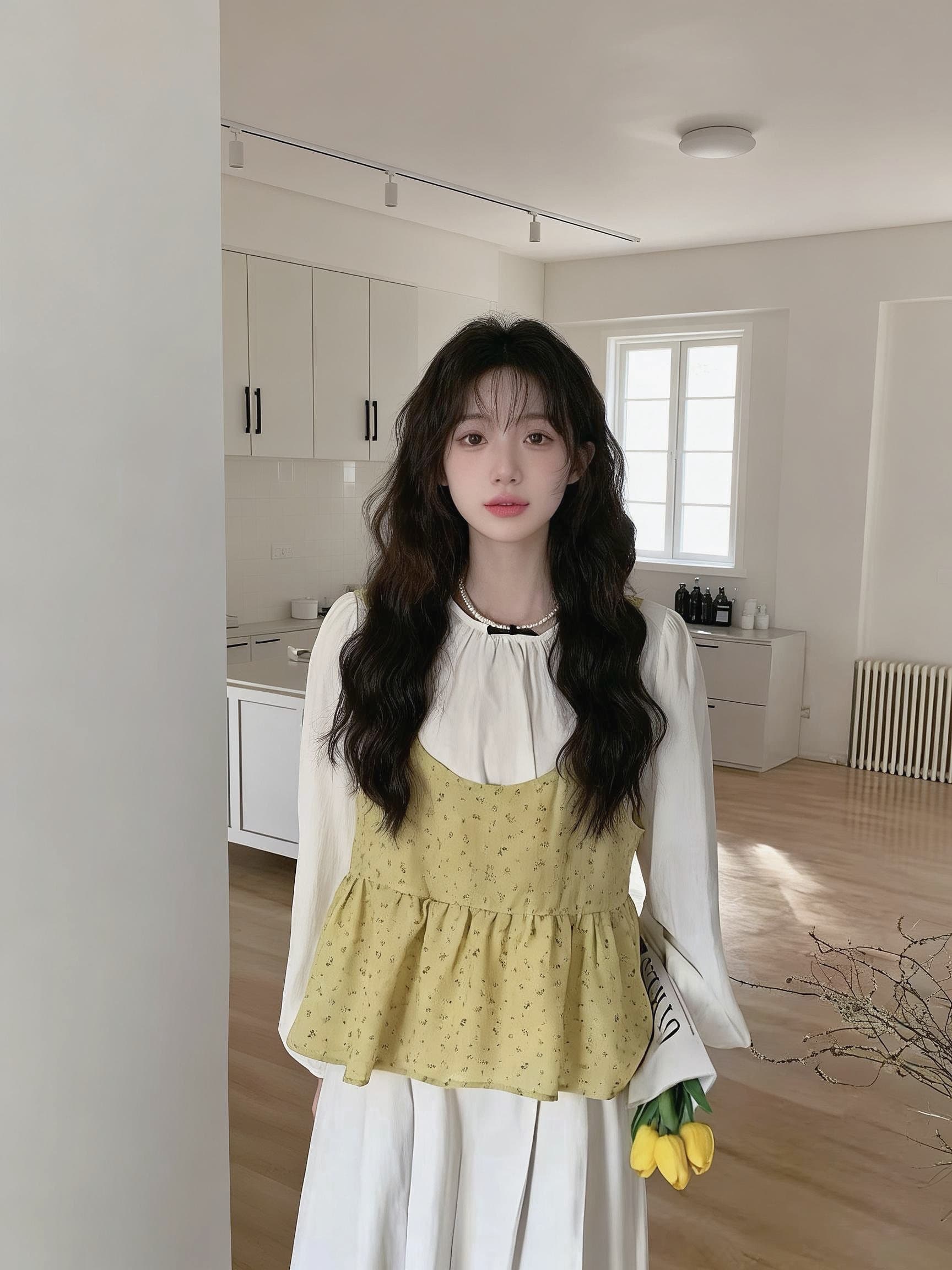 실사 정가 봄 두 조각 여성 세트 꽃무늬 프릴 캐미솔 가져 가라. 라운드 넥 주름 긴팔 티셔츠 이미지 2