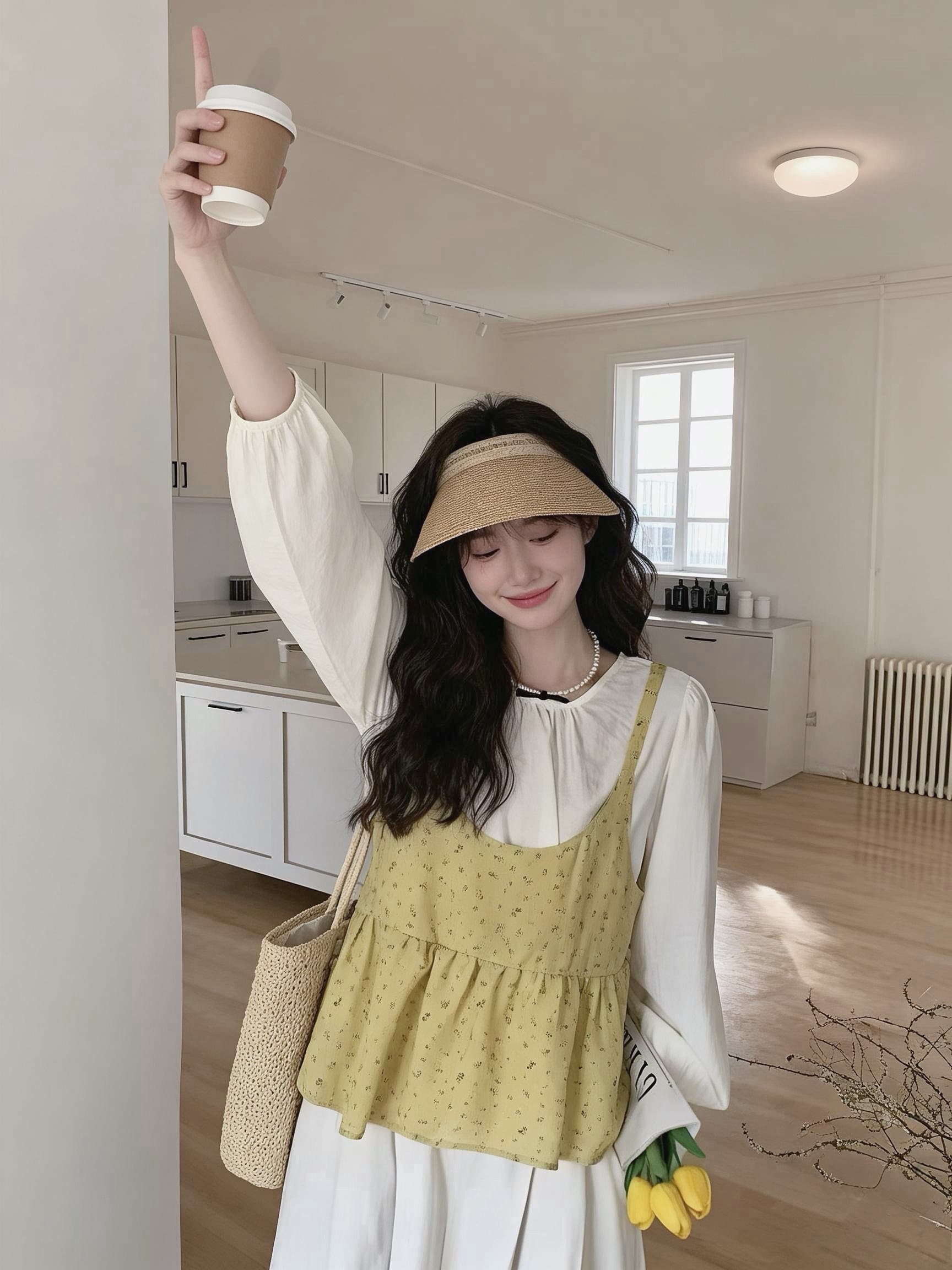 실사 정가 봄 두 조각 여성 세트 꽃무늬 프릴 캐미솔 가져 가라. 라운드 넥 주름 긴팔 티셔츠 이미지 4