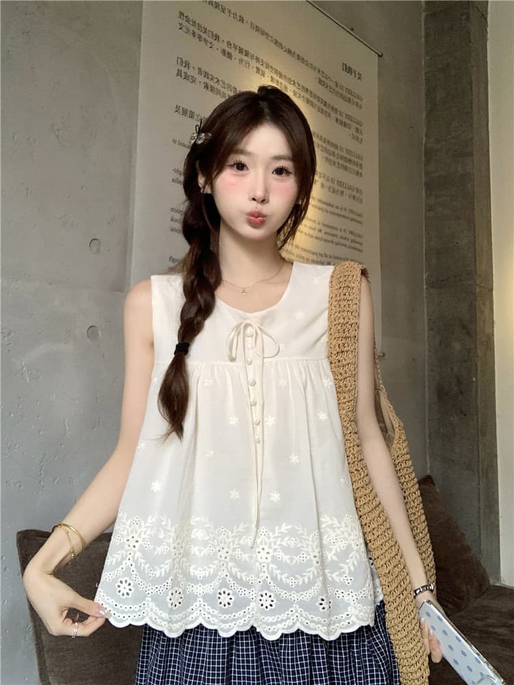 실사 정가 프랑스식 달콤함 휴가 바람 레이스 홀로우 아웃 자수 여성 셔츠 여름 민소매 레이스업 맨위 상세 이미지 11