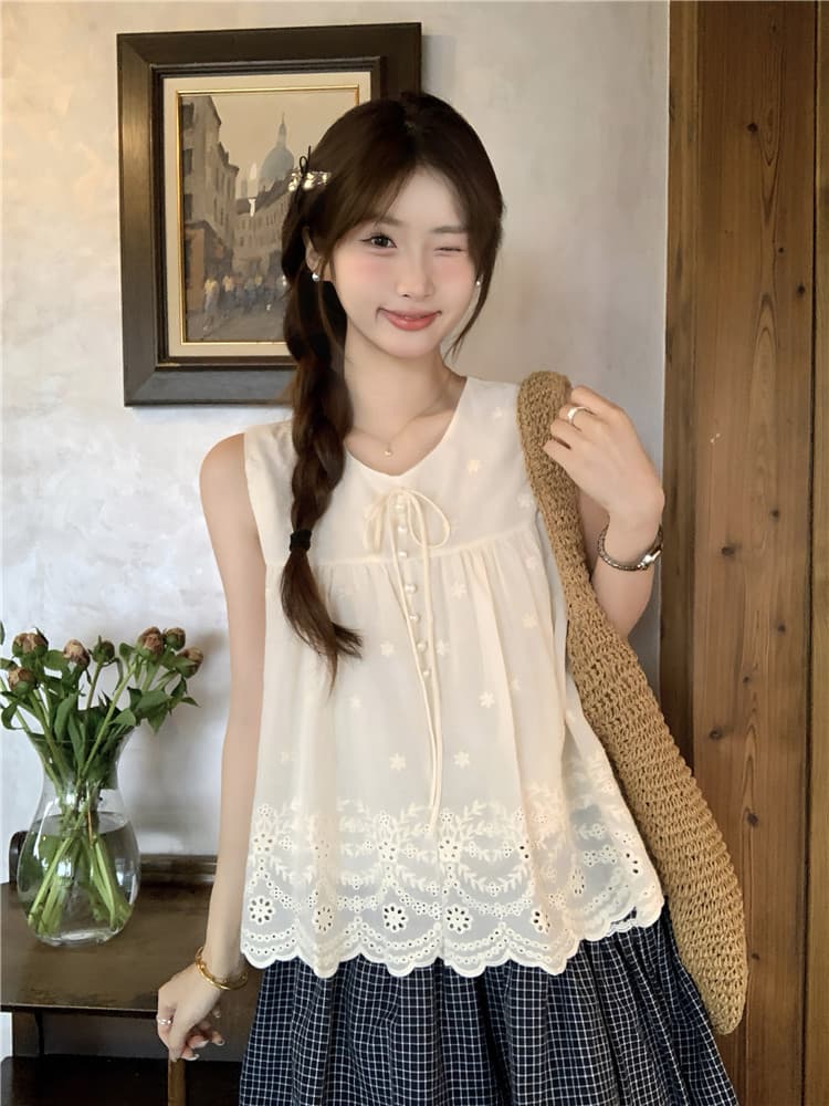 실사 정가 프랑스식 달콤함 휴가 바람 레이스 홀로우 아웃 자수 여성 셔츠 여름 민소매 레이스업 맨위 상세 이미지 12
