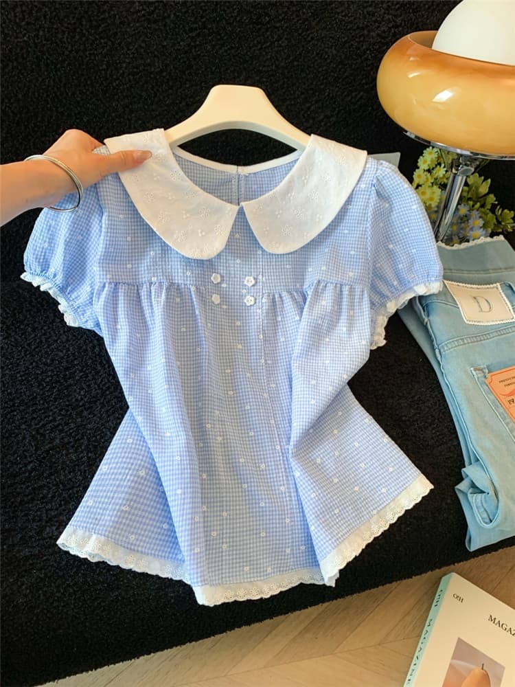 실사 정가 달콤함 파란색 체크무늬 꽃무늬 베이비 칼라 반팔 여성 셔츠 레이스 조각 루즈핏 연령 감소 켜기 이미지 3