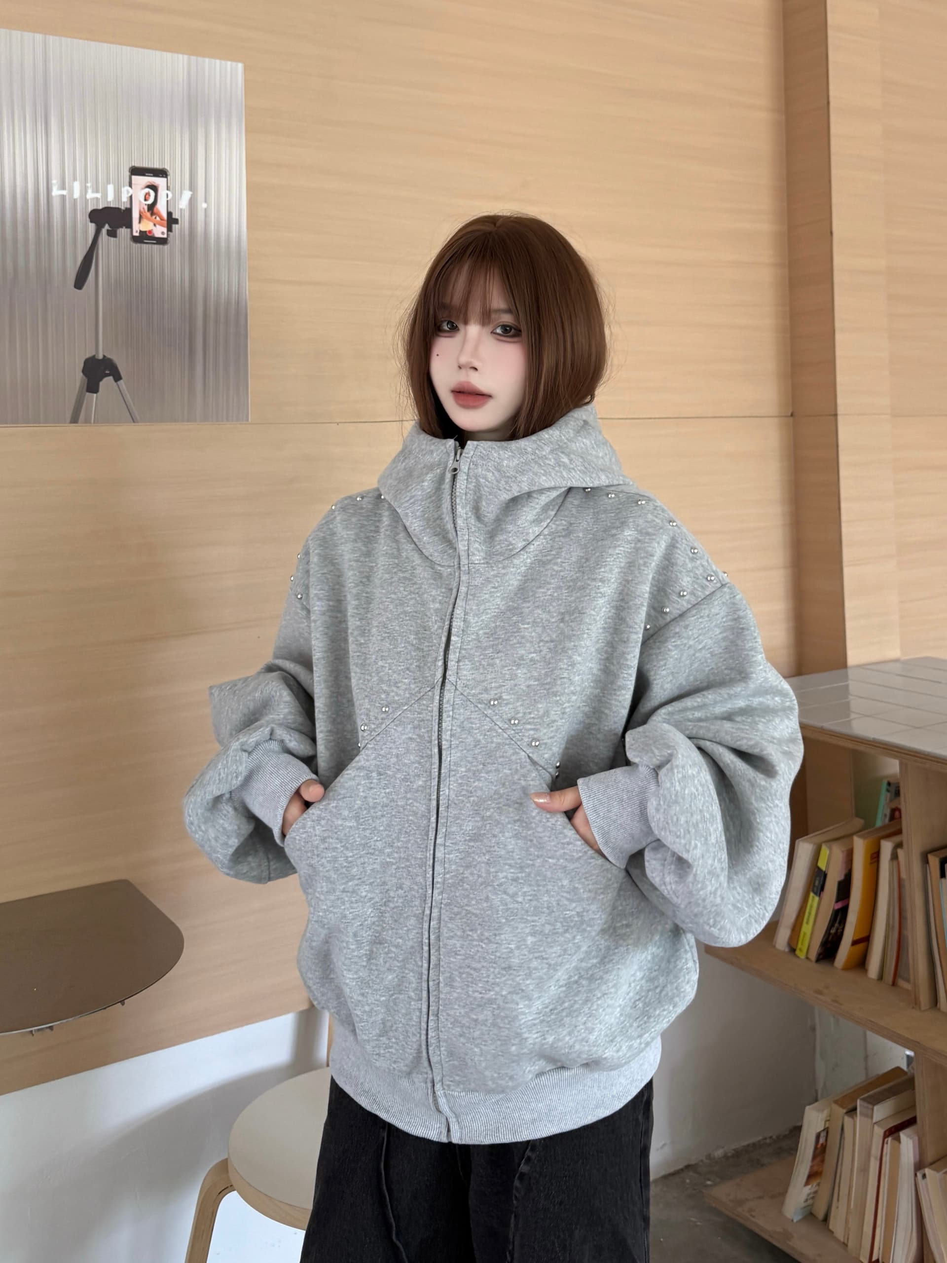 실사 재고 상품 도베르만 징 후드 티 스웨터 여성 코트 가을 캐주얼 루즈핏 레트로 디자인 센스 재킷 맨위 상세 이미지 5