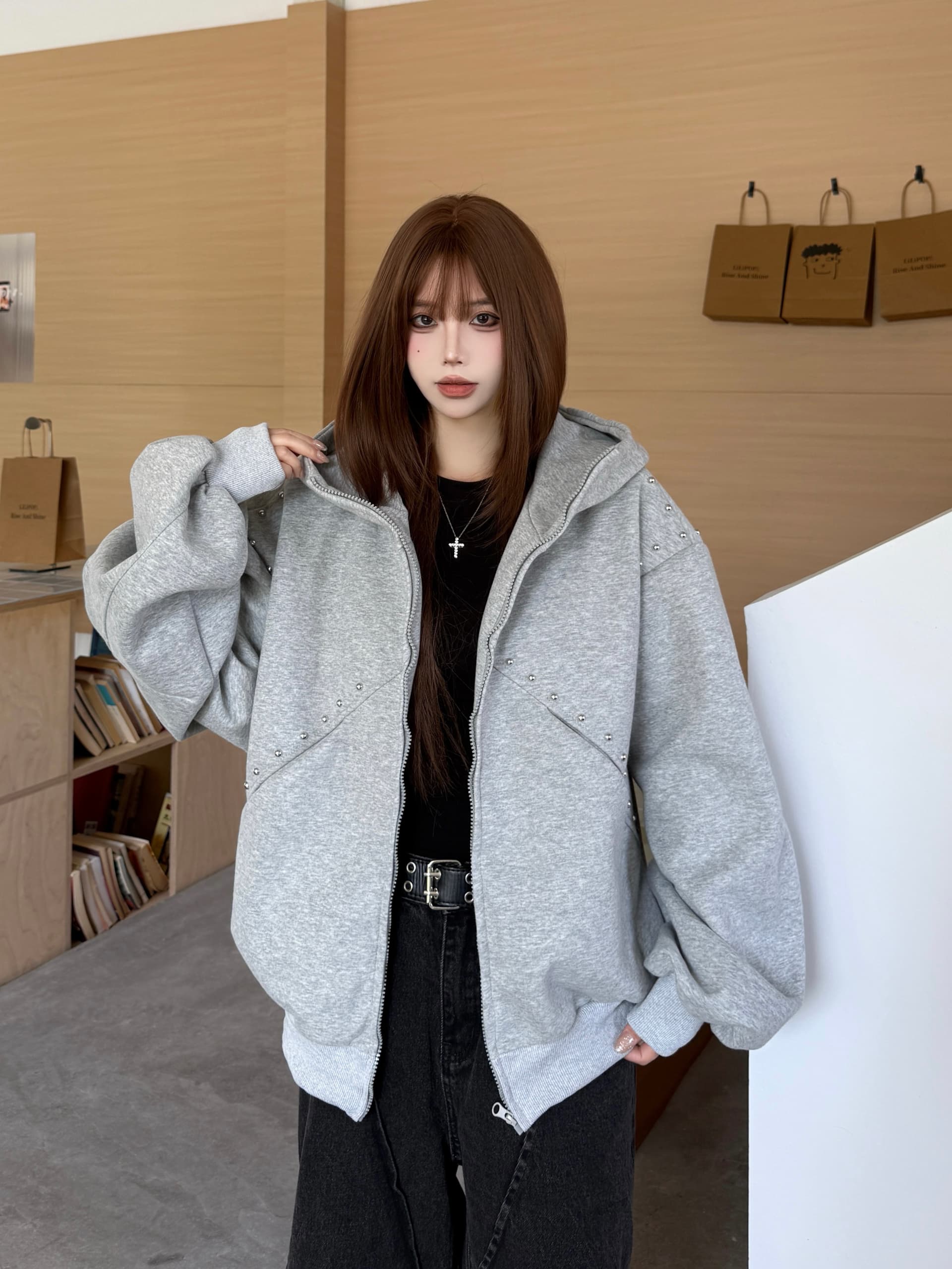 실사 재고 상품 도베르만 징 후드 티 스웨터 여성 코트 가을 캐주얼 루즈핏 레트로 디자인 센스 재킷 맨위 상세 이미지 7