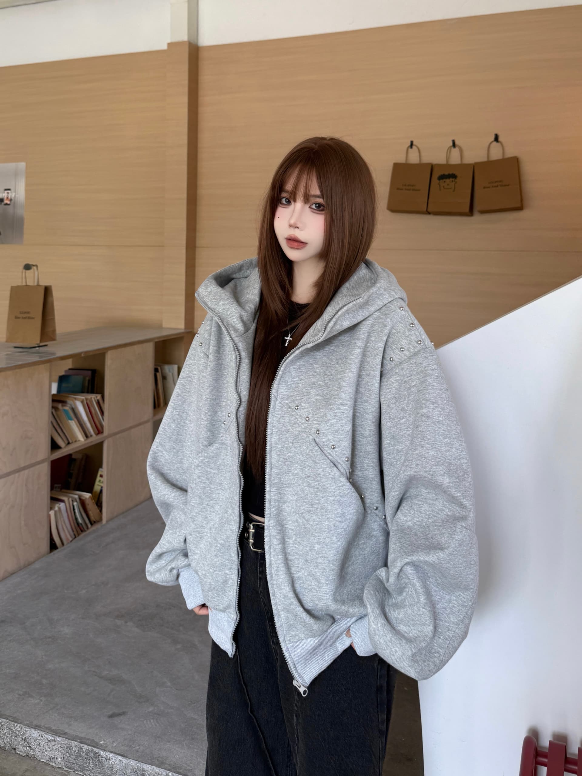 실사 재고 상품 도베르만 징 후드 티 스웨터 여성 코트 가을 캐주얼 루즈핏 레트로 디자인 센스 재킷 맨위 상세 이미지 8