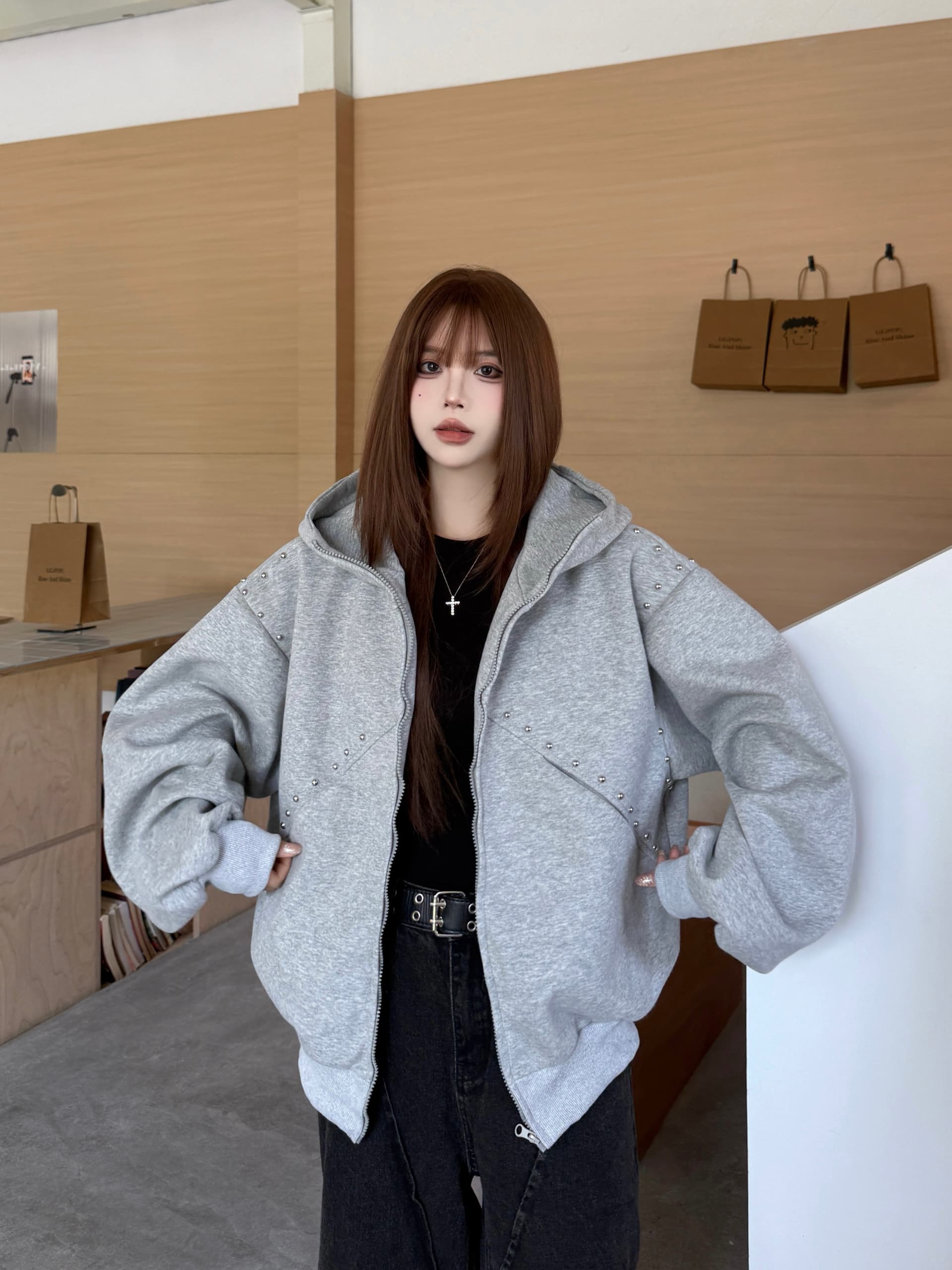 실사 재고 상품 도베르만 징 후드 티 스웨터 여성 코트 가을 캐주얼 루즈핏 레트로 디자인 센스 재킷 맨위 상세 이미지 9