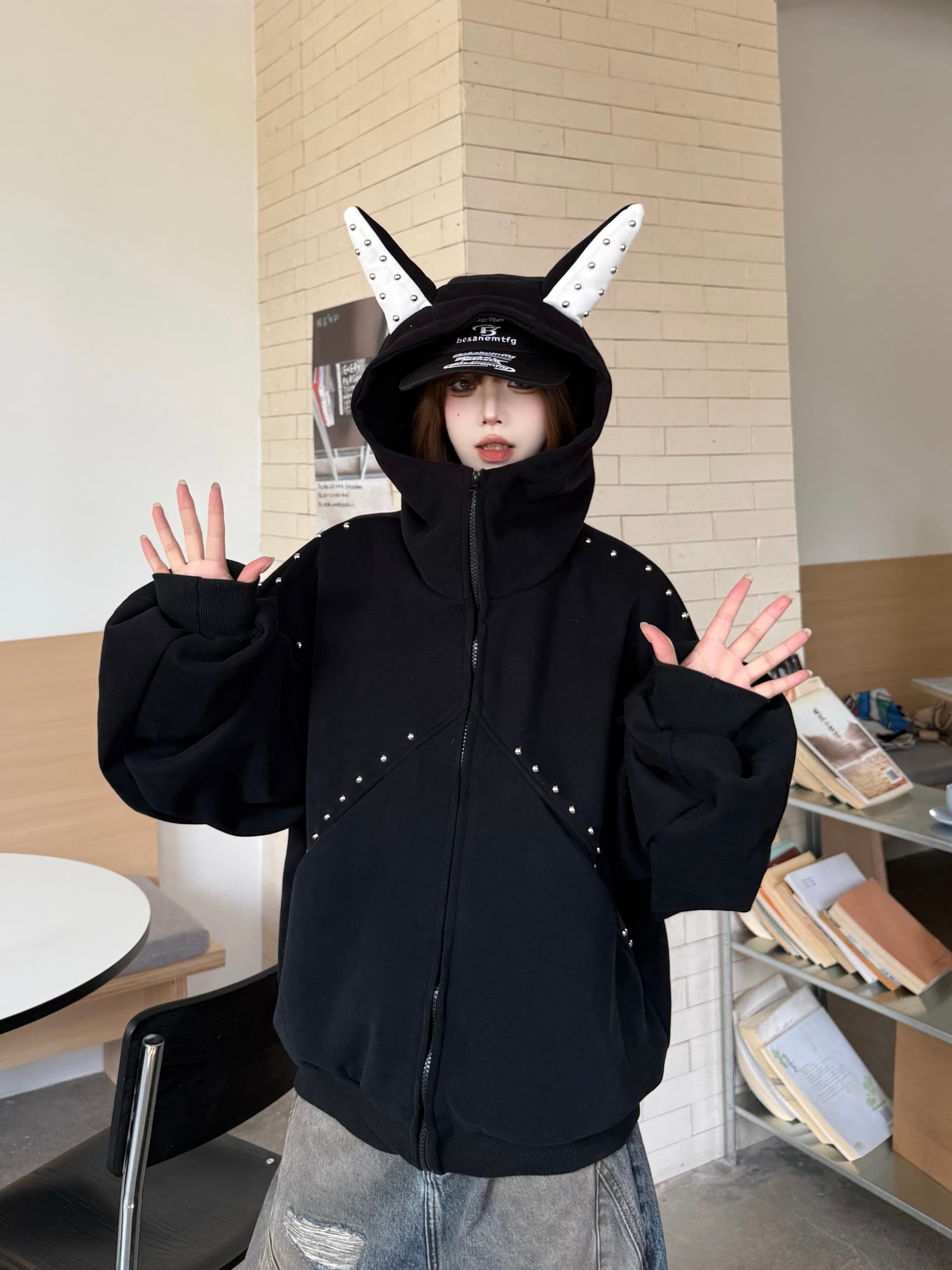 실사 재고 상품 도베르만 징 후드 티 스웨터 여성 코트 가을 캐주얼 루즈핏 레트로 디자인 센스 재킷 맨위 상세 이미지 14