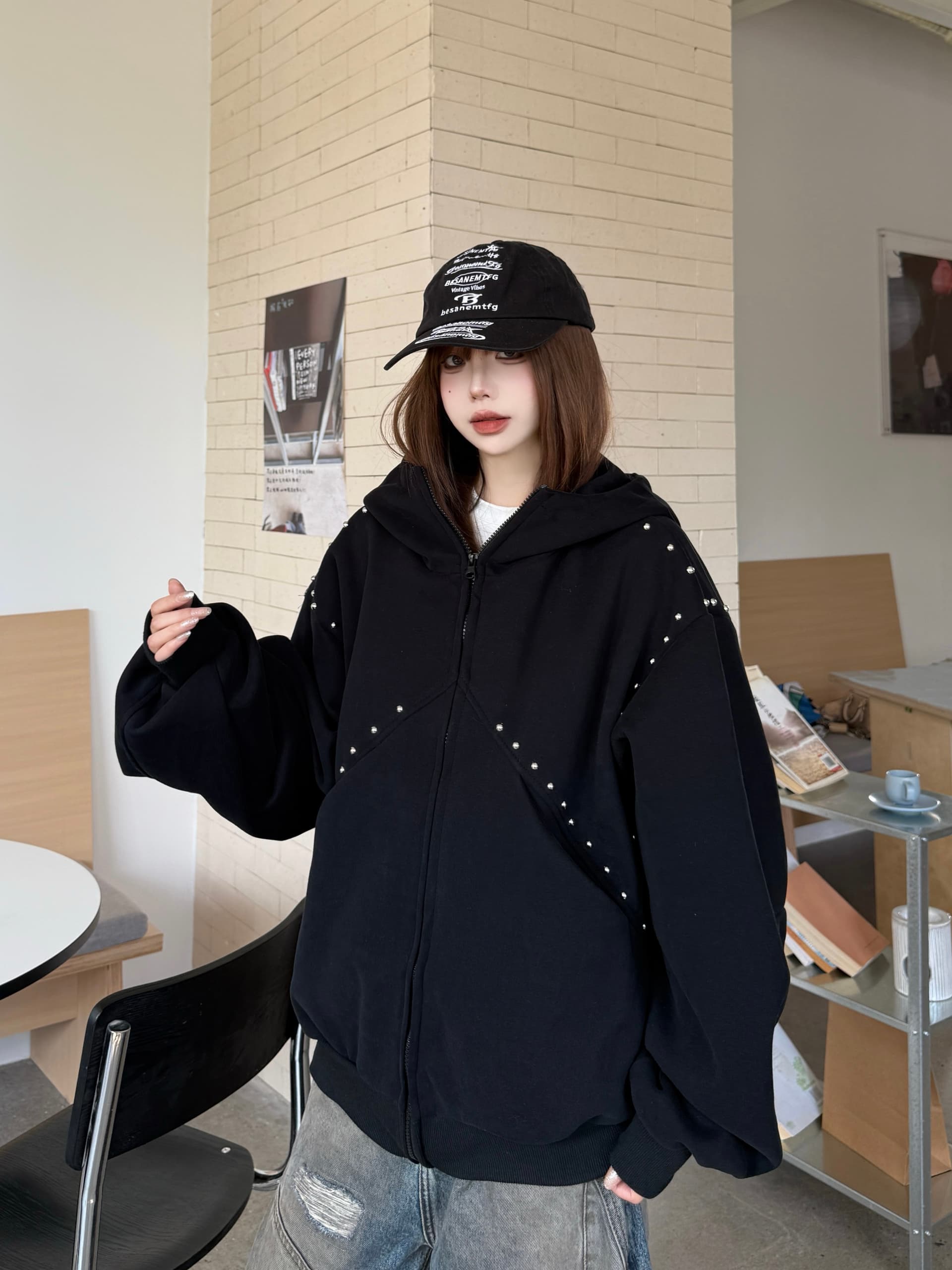 실사 재고 상품 도베르만 징 후드 티 스웨터 여성 코트 가을 캐주얼 루즈핏 레트로 디자인 센스 재킷 맨위 상세 이미지 15