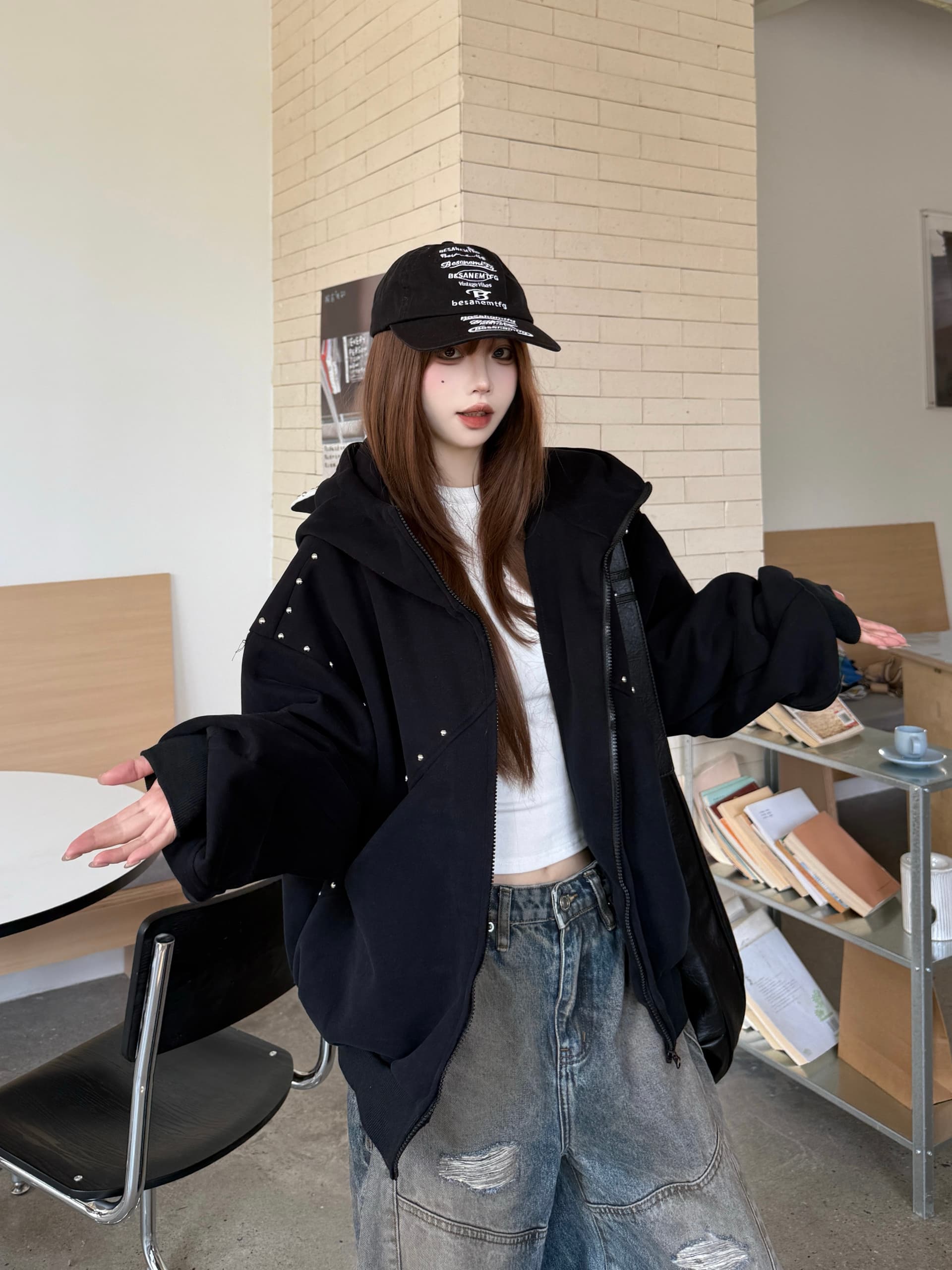 실사 재고 상품 도베르만 징 후드 티 스웨터 여성 코트 가을 캐주얼 루즈핏 레트로 디자인 센스 재킷 맨위 상세 이미지 18