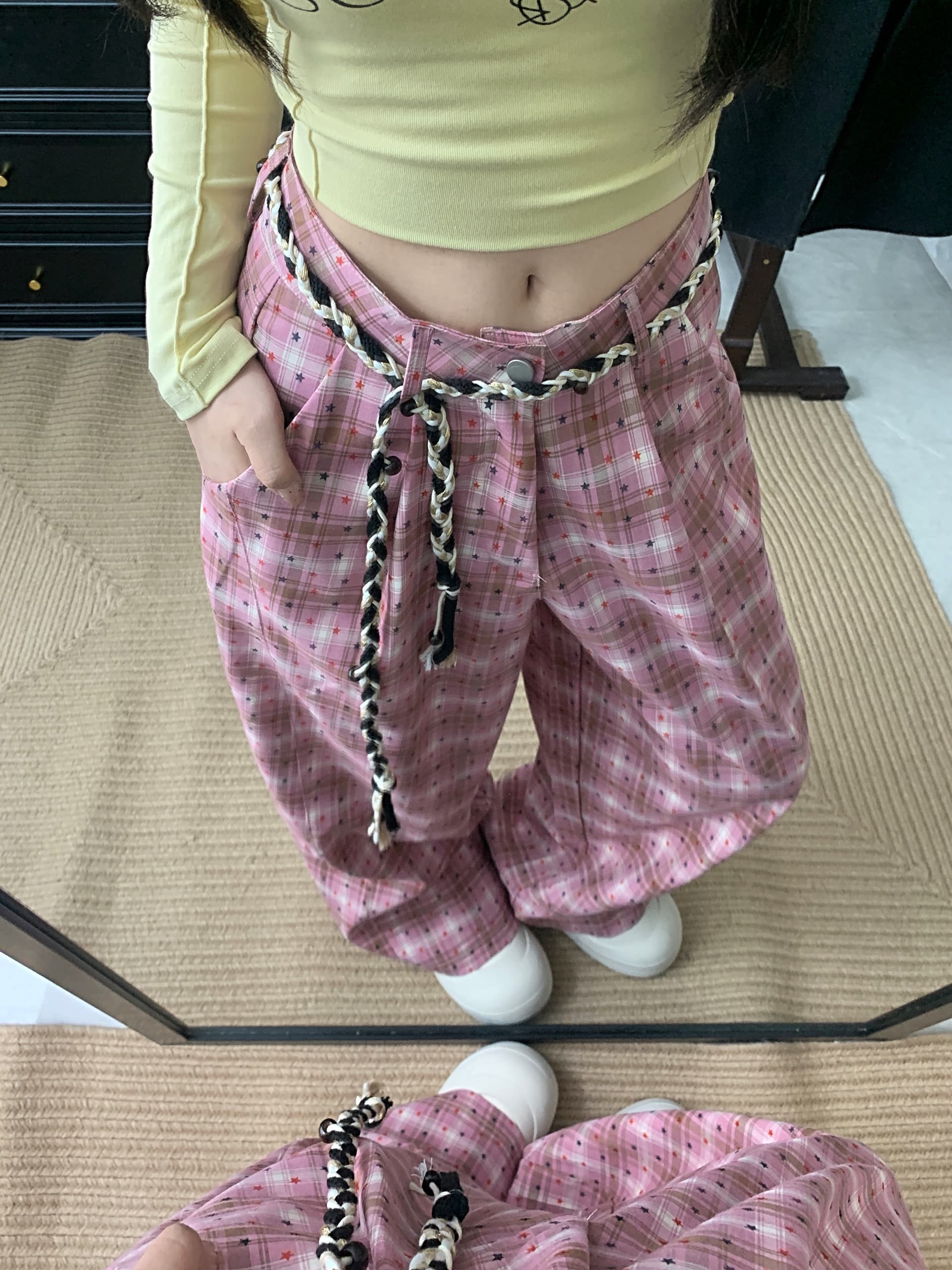 실사 별 짜임 허리 로프 체크무늬 바지 여성 가을 느긋한 루즈핏 넓은 다리 도루 센스 스트레이트 캐주얼 바지 상세 이미지 9