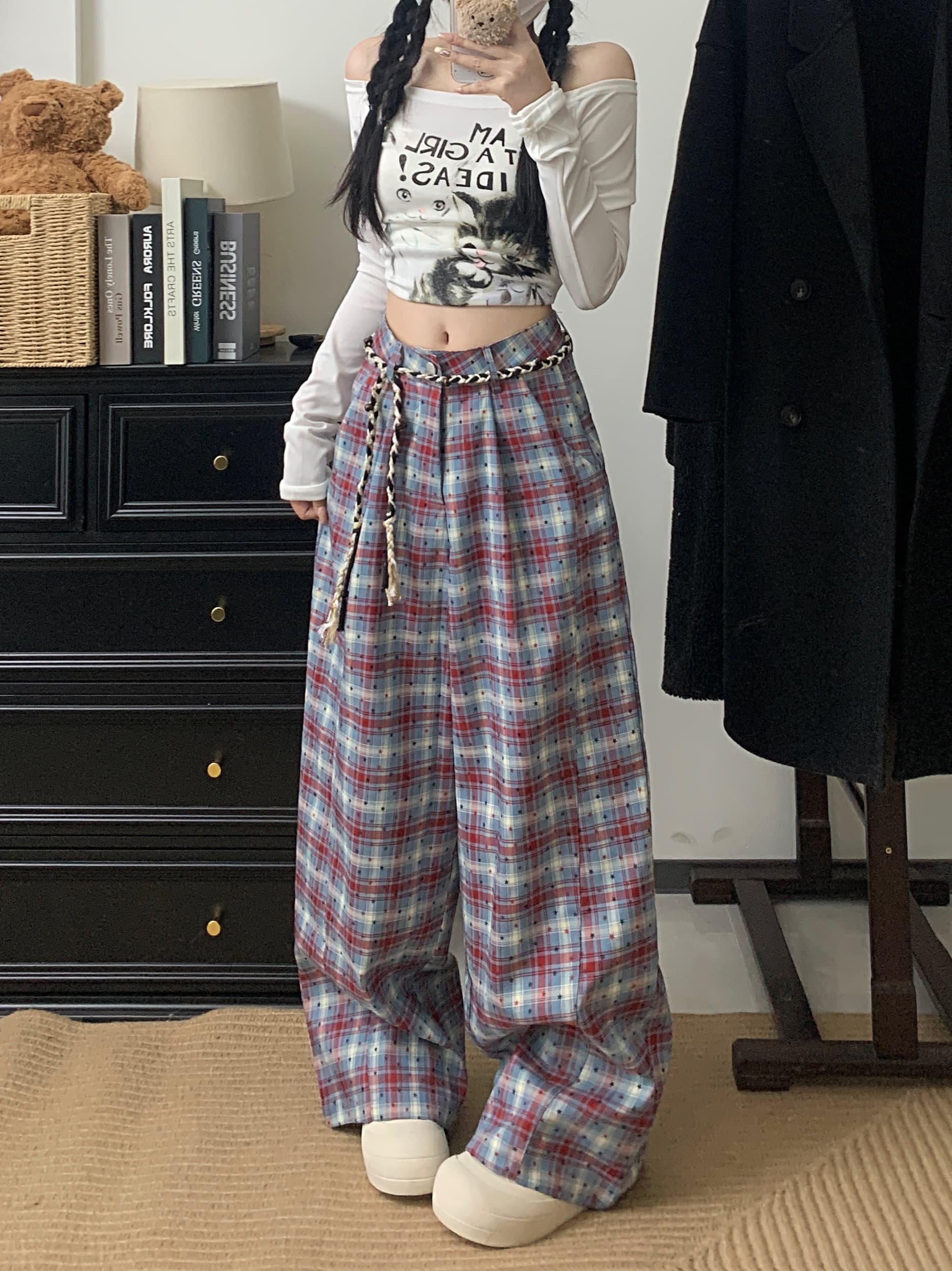 실사 별 짜임 허리 로프 체크무늬 바지 여성 가을 느긋한 루즈핏 넓은 다리 도루 센스 스트레이트 캐주얼 바지 상세 이미지 12
