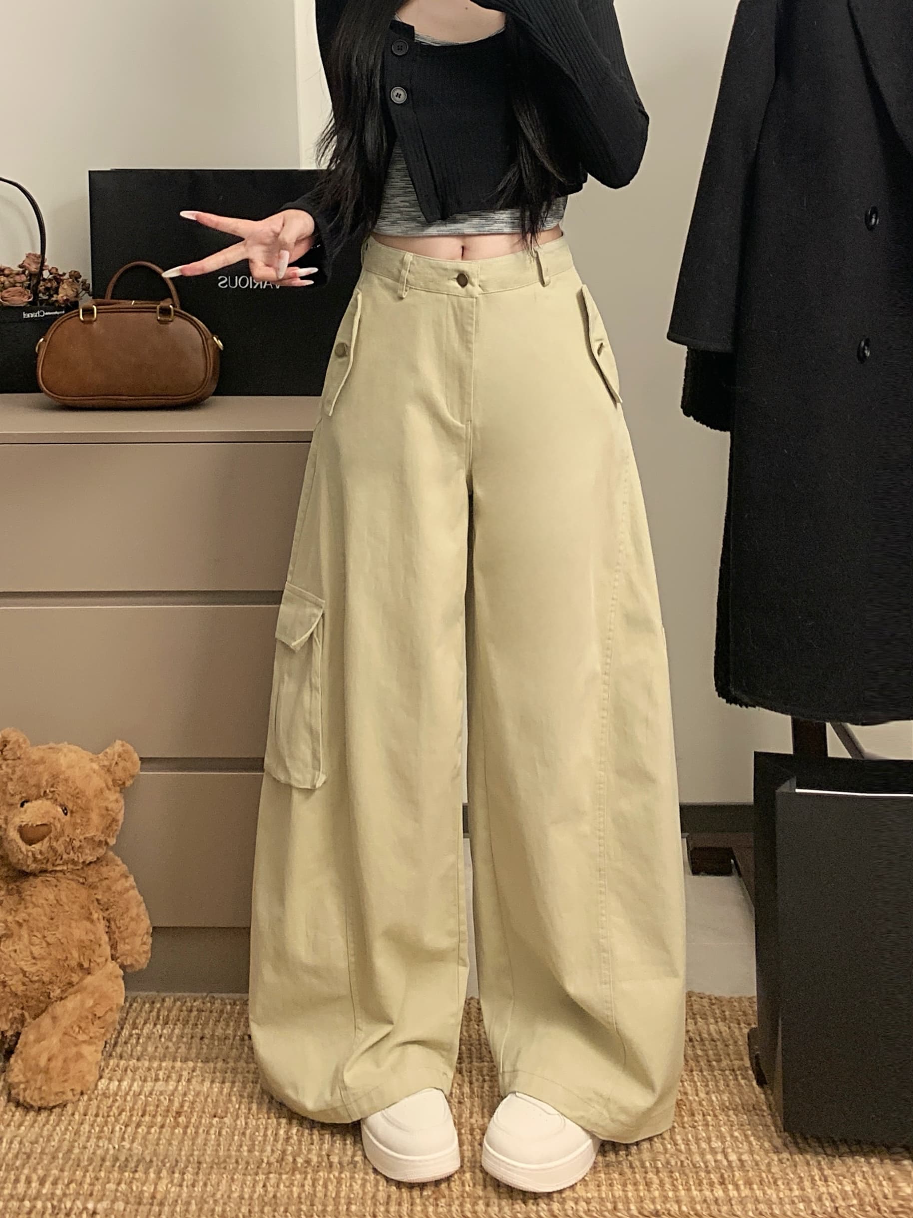 실사 아메리칸 레트로 넓은 다리 워크웨어 팬츠 여성 봄 가을 다용도 스트레이트 루즈핏 캐주얼 데님 바닥 청소 바지 트렌디 상세 이미지 5