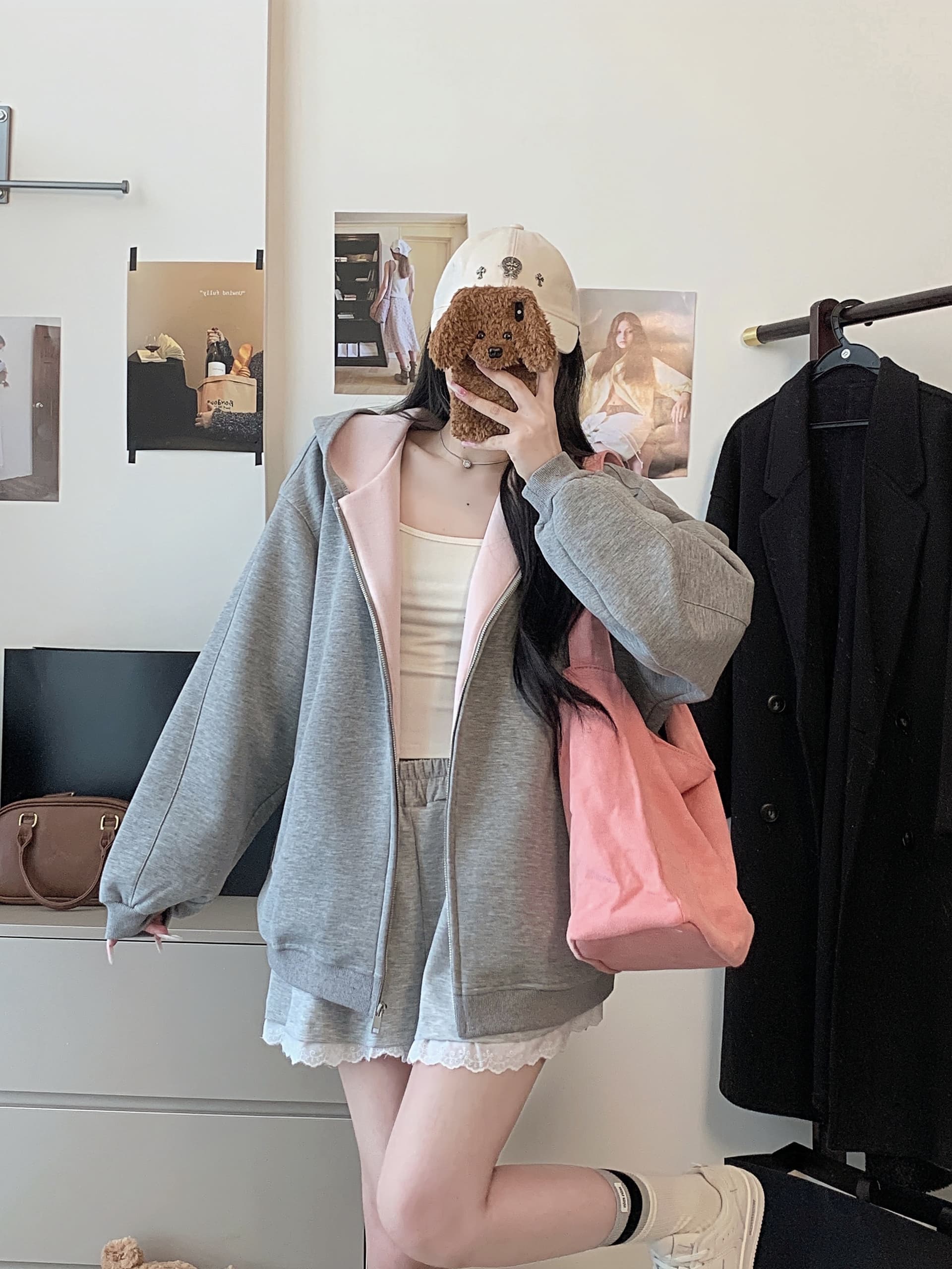 실사 한 부서 빈 가스 층 후드 회색 후드티 여성 가을 느긋한 센스 루즈핏 다용도 디자인 센스 배색 재킷