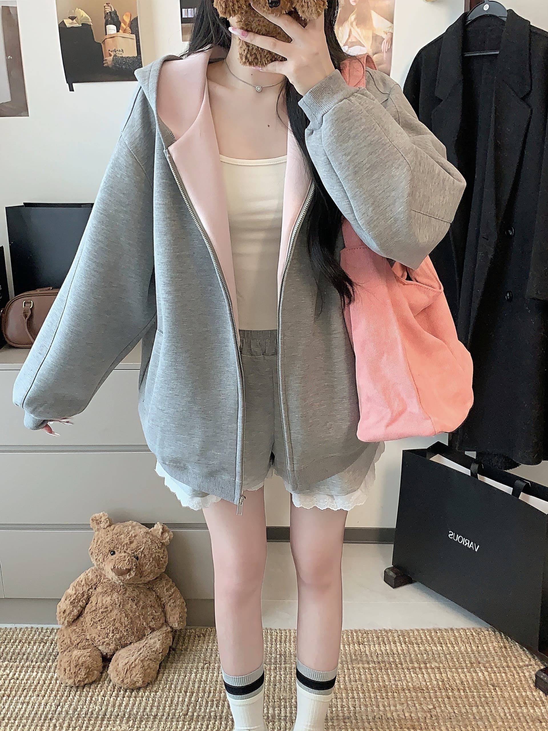 실사 한 부서 빈 가스 층 후드 회색 후드티 여성 가을 느긋한 센스 루즈핏 다용도 디자인 센스 배색 재킷 이미지 4