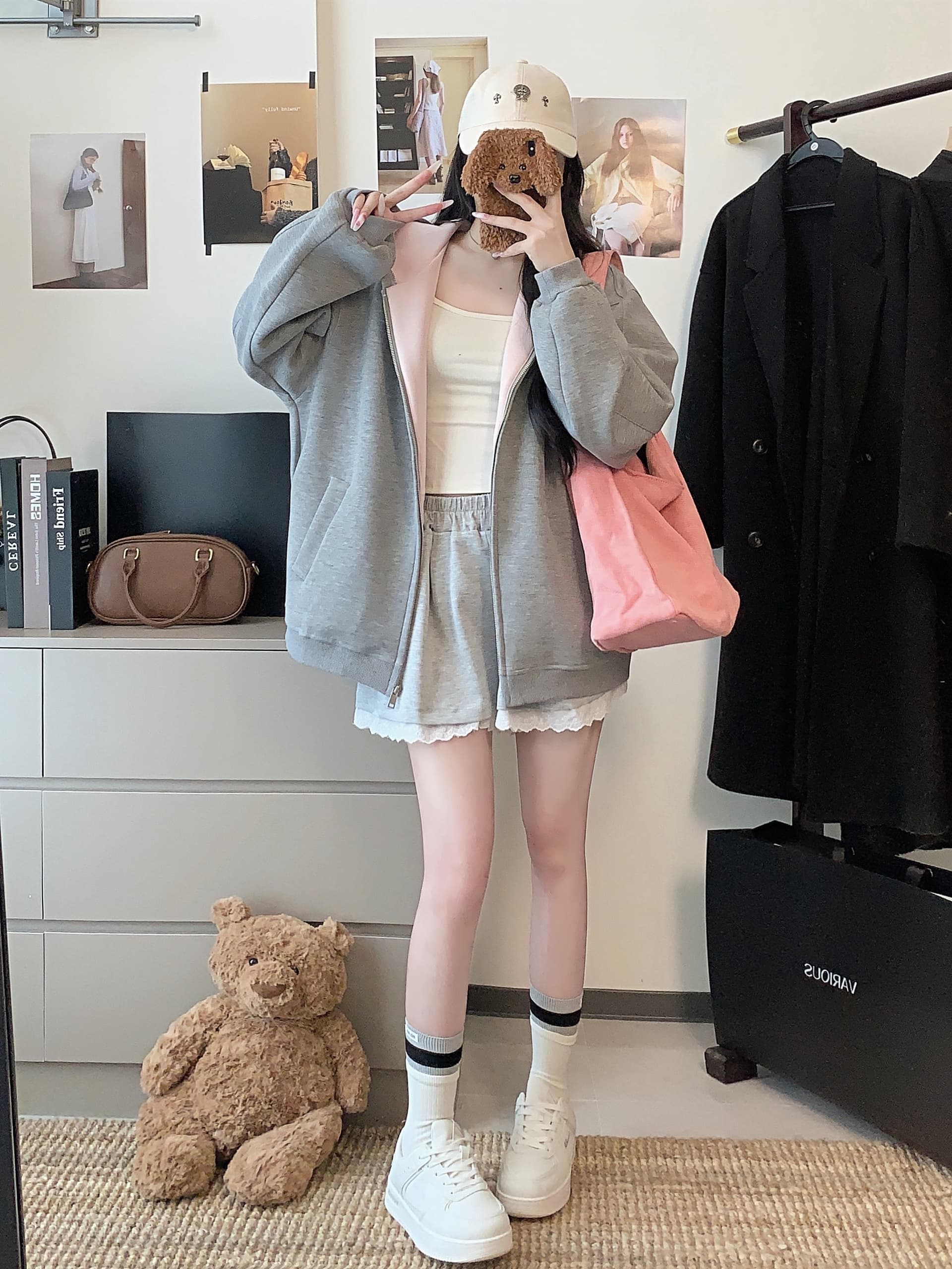 실사 한 부서 빈 가스 층 후드 회색 후드티 여성 가을 느긋한 센스 루즈핏 다용도 디자인 센스 배색 재킷 이미지 2