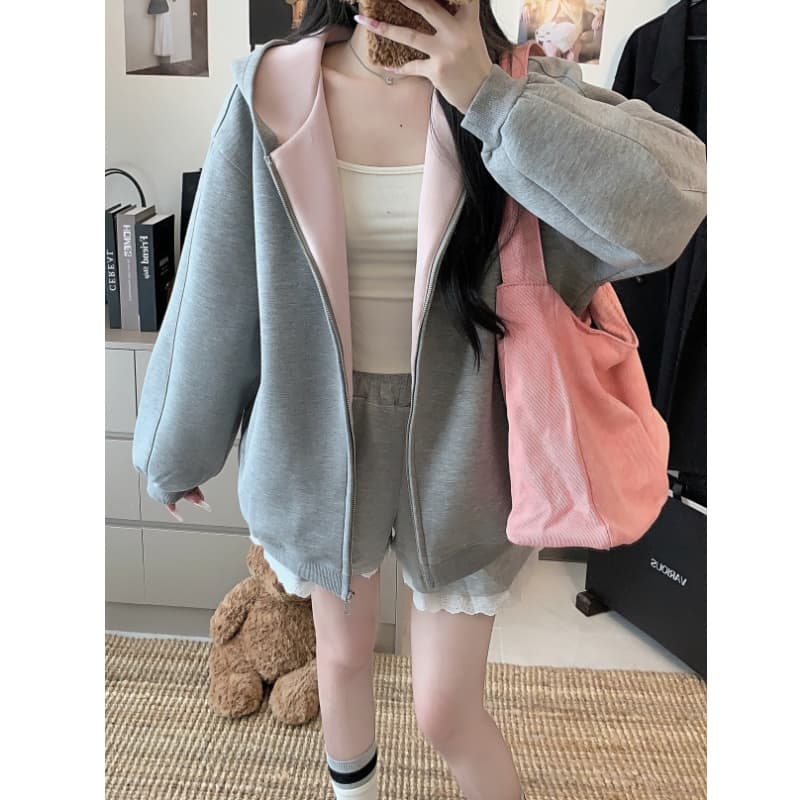 실사 한 부서 빈 가스 층 후드 회색 후드티 여성 가을 느긋한 센스 루즈핏 다용도 디자인 센스 배색 재킷 이미지 5