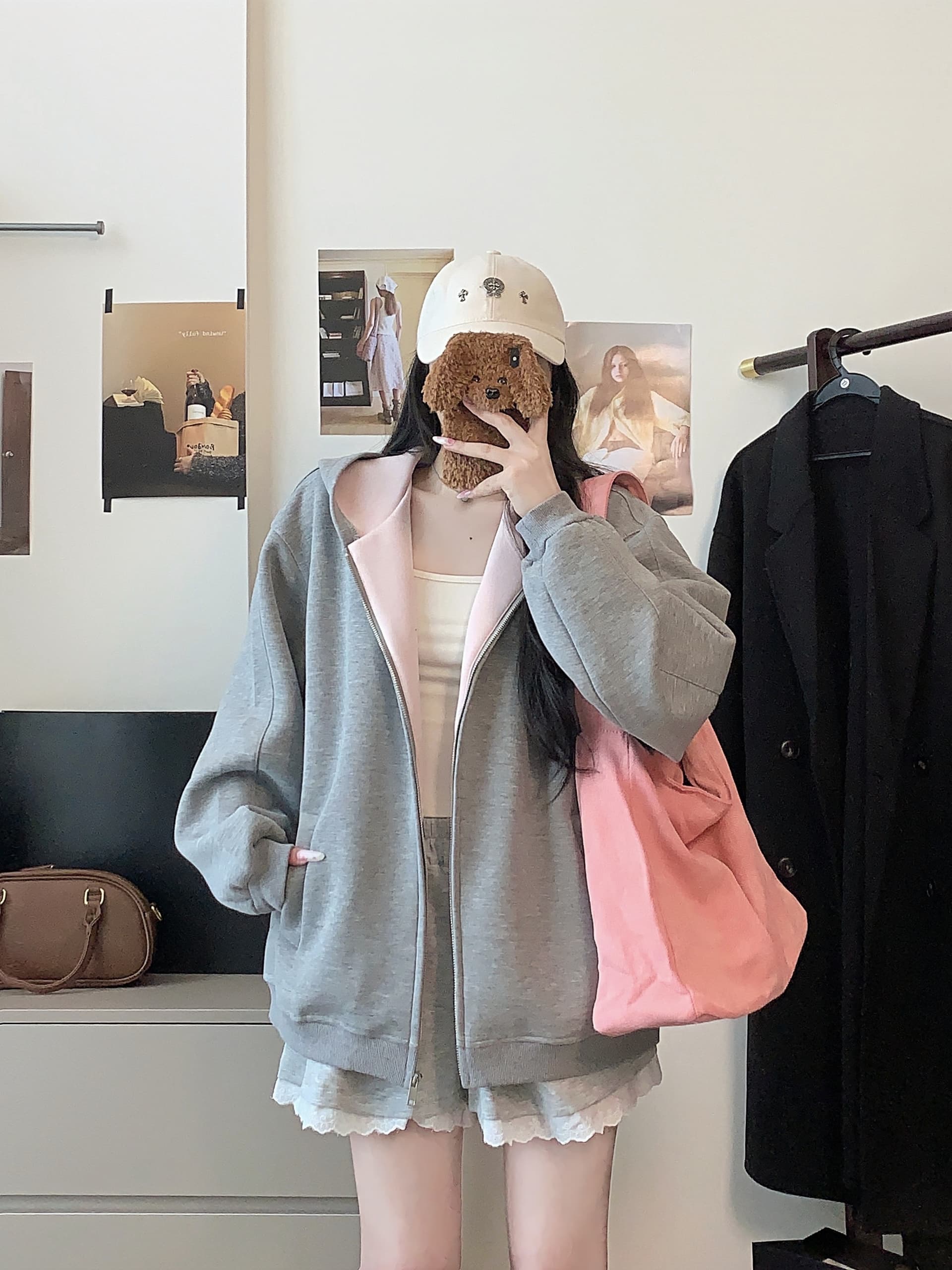실사 한 부서 빈 가스 층 후드 회색 후드티 여성 가을 느긋한 센스 루즈핏 다용도 디자인 센스 배색 재킷 상세 이미지 1