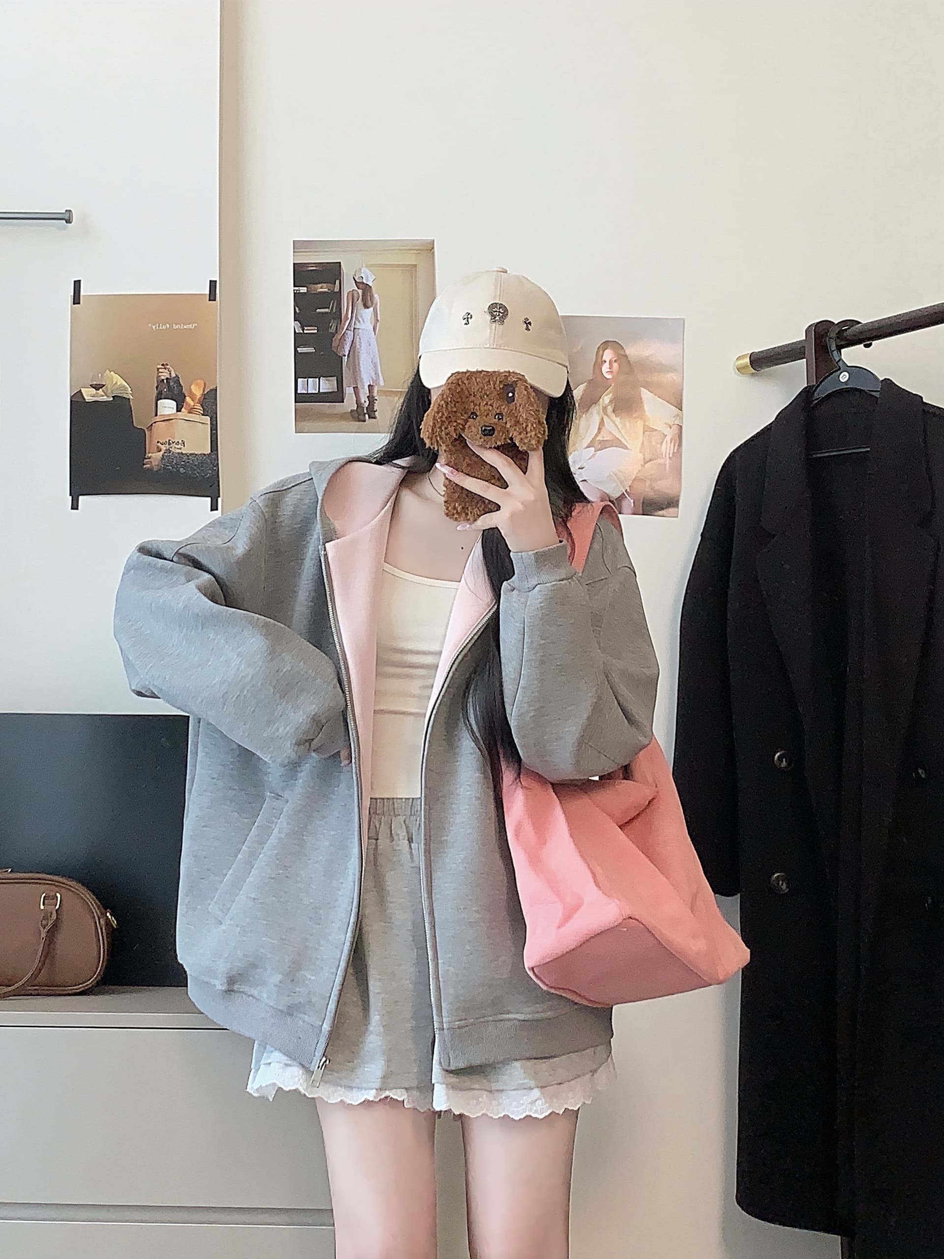 실사 한 부서 빈 가스 층 후드 회색 후드티 여성 가을 느긋한 센스 루즈핏 다용도 디자인 센스 배색 재킷 상세 이미지 8