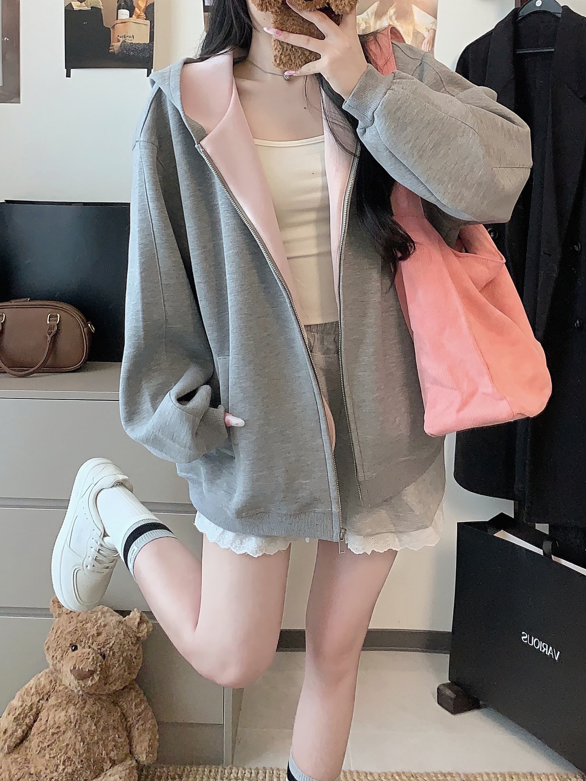 실사 한 부서 빈 가스 층 후드 회색 후드티 여성 가을 느긋한 센스 루즈핏 다용도 디자인 센스 배색 재킷 상세 이미지 9