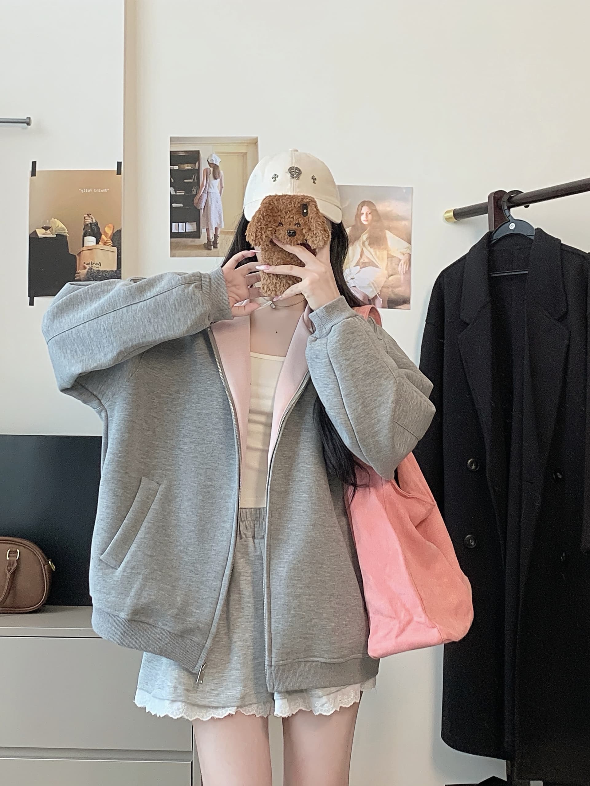 실사 한 부서 빈 가스 층 후드 회색 후드티 여성 가을 느긋한 센스 루즈핏 다용도 디자인 센스 배색 재킷 상세 이미지 10