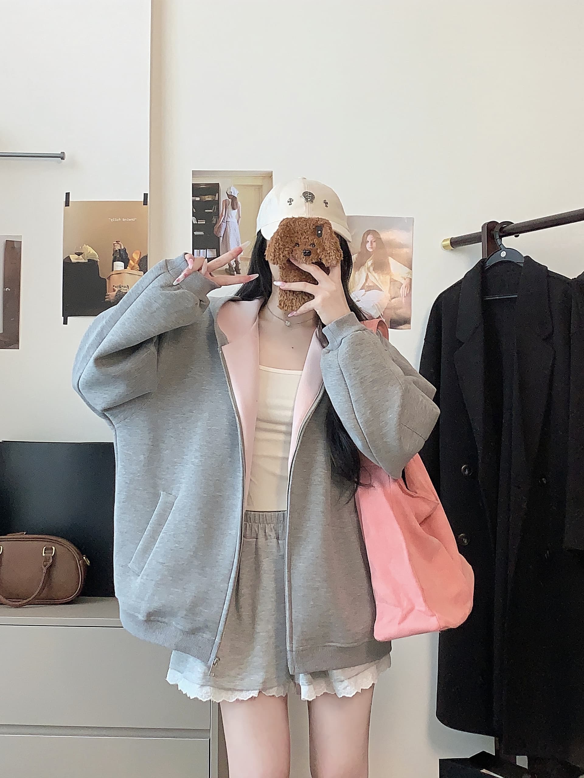 실사 한 부서 빈 가스 층 후드 회색 후드티 여성 가을 느긋한 센스 루즈핏 다용도 디자인 센스 배색 재킷 상세 이미지 11