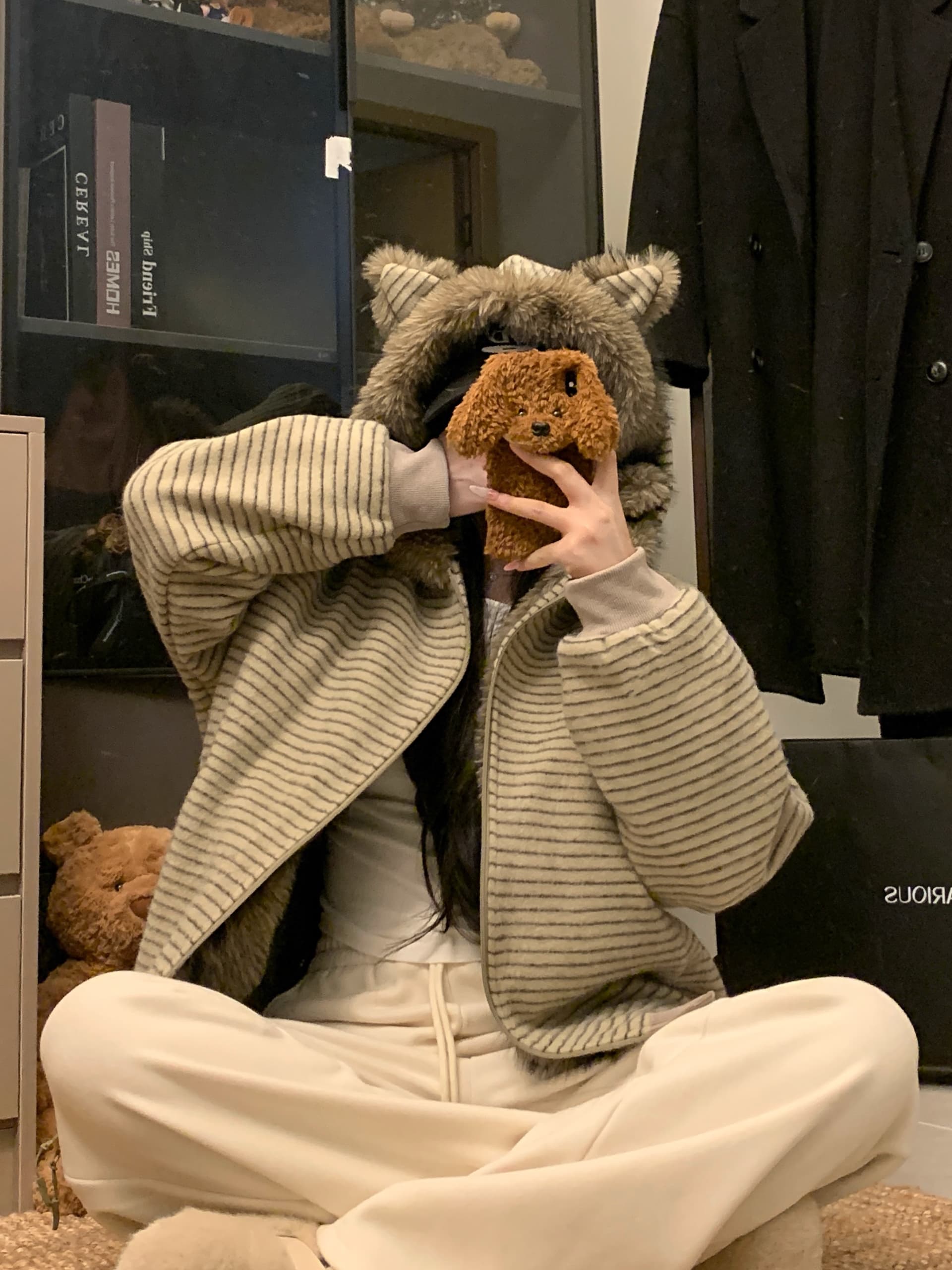 실사 아메리칸 작은 곰 귀 스트라이프 모피 칼라 후드 솜을 넣은 후드티 재킷 겨울 여성 지퍼 오픈 가디건 맨위 트렌디 상세 이미지 3