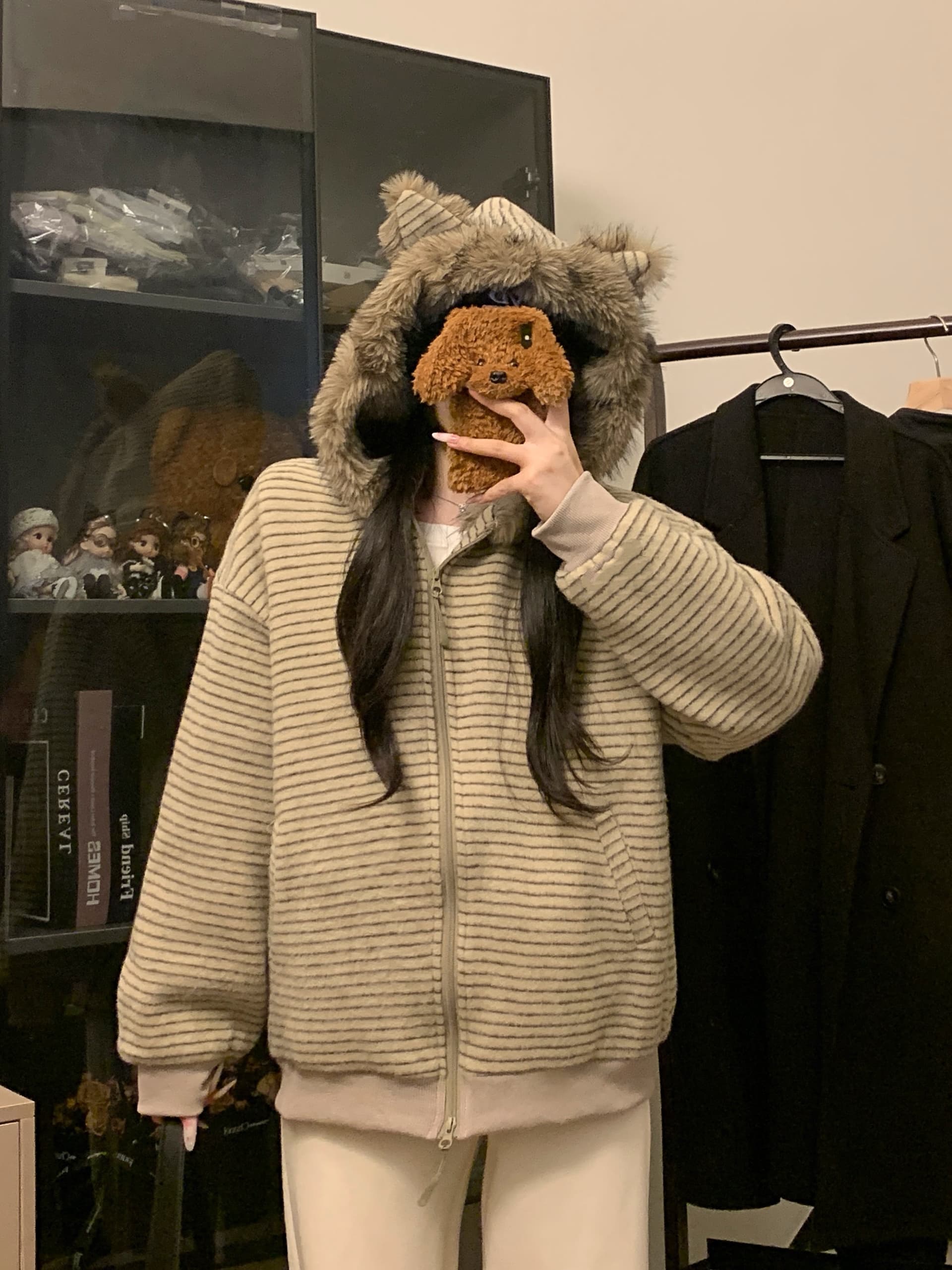 실사 아메리칸 작은 곰 귀 스트라이프 모피 칼라 후드 솜을 넣은 후드티 재킷 겨울 여성 지퍼 오픈 가디건 맨위 트렌디 상세 이미지 6