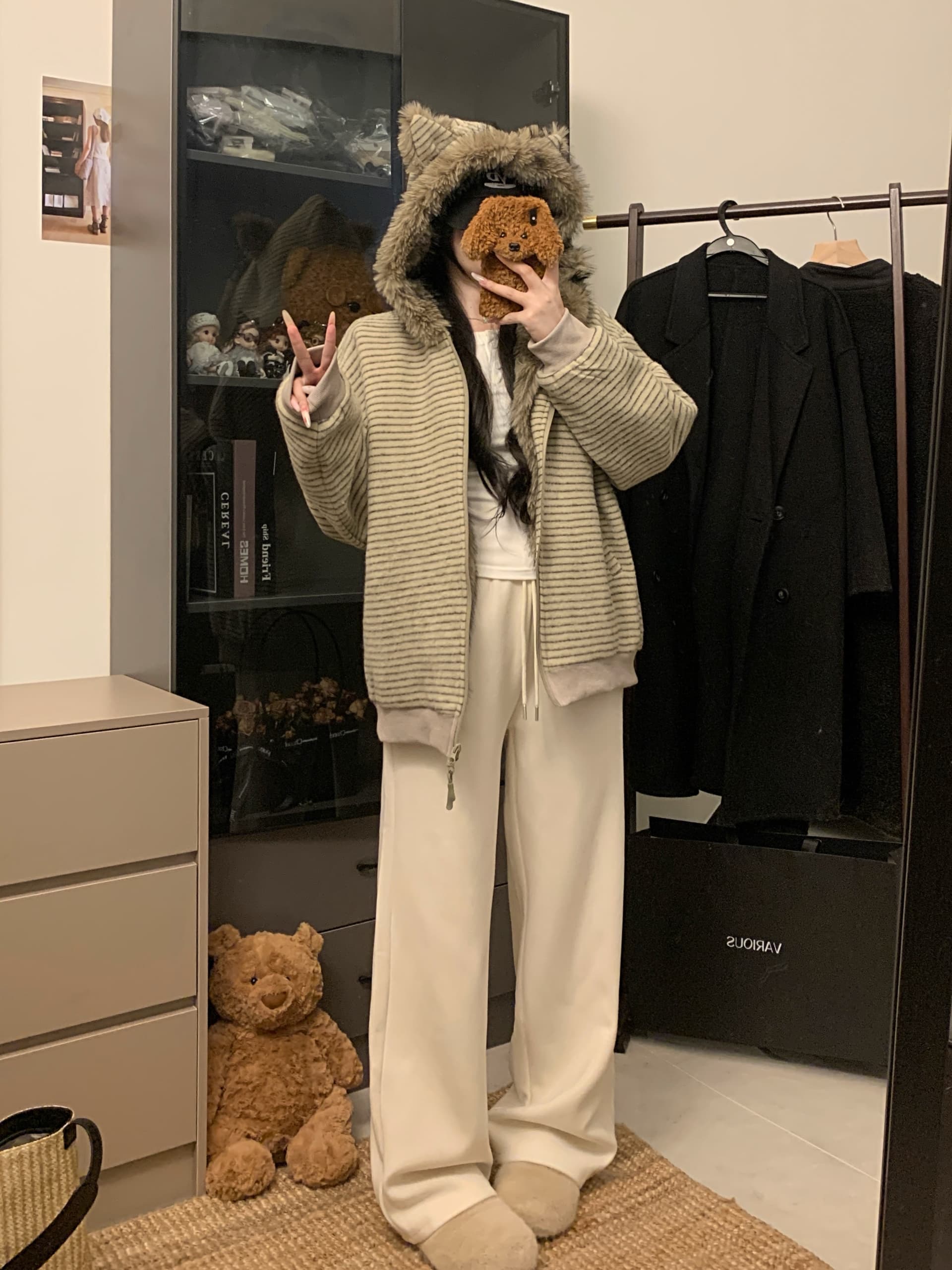 실사 아메리칸 작은 곰 귀 스트라이프 모피 칼라 후드 솜을 넣은 후드티 재킷 겨울 여성 지퍼 오픈 가디건 맨위 트렌디 상세 이미지 9
