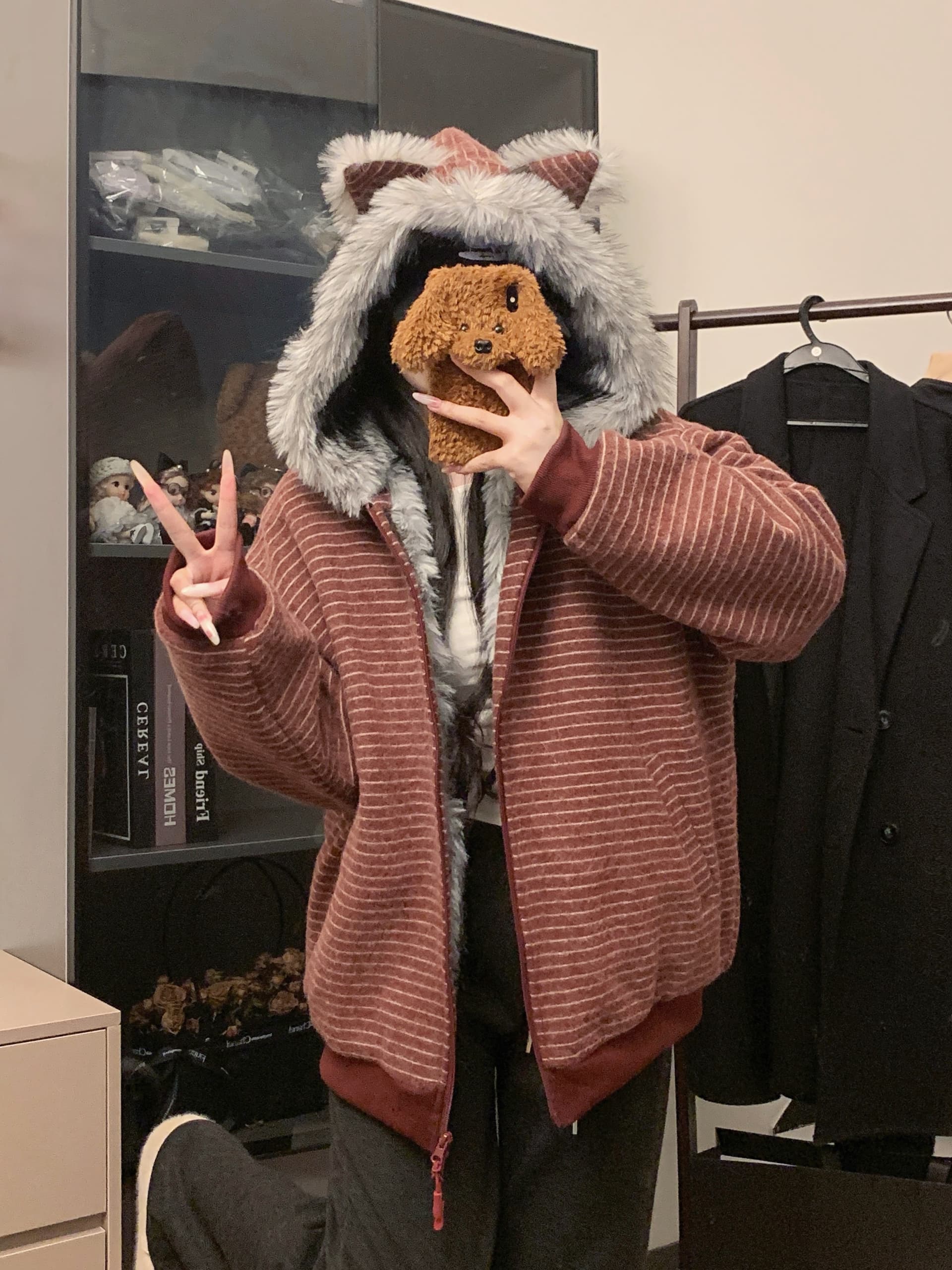 실사 아메리칸 작은 곰 귀 스트라이프 모피 칼라 후드 솜을 넣은 후드티 재킷 겨울 여성 지퍼 오픈 가디건 맨위 트렌디 상세 이미지 14