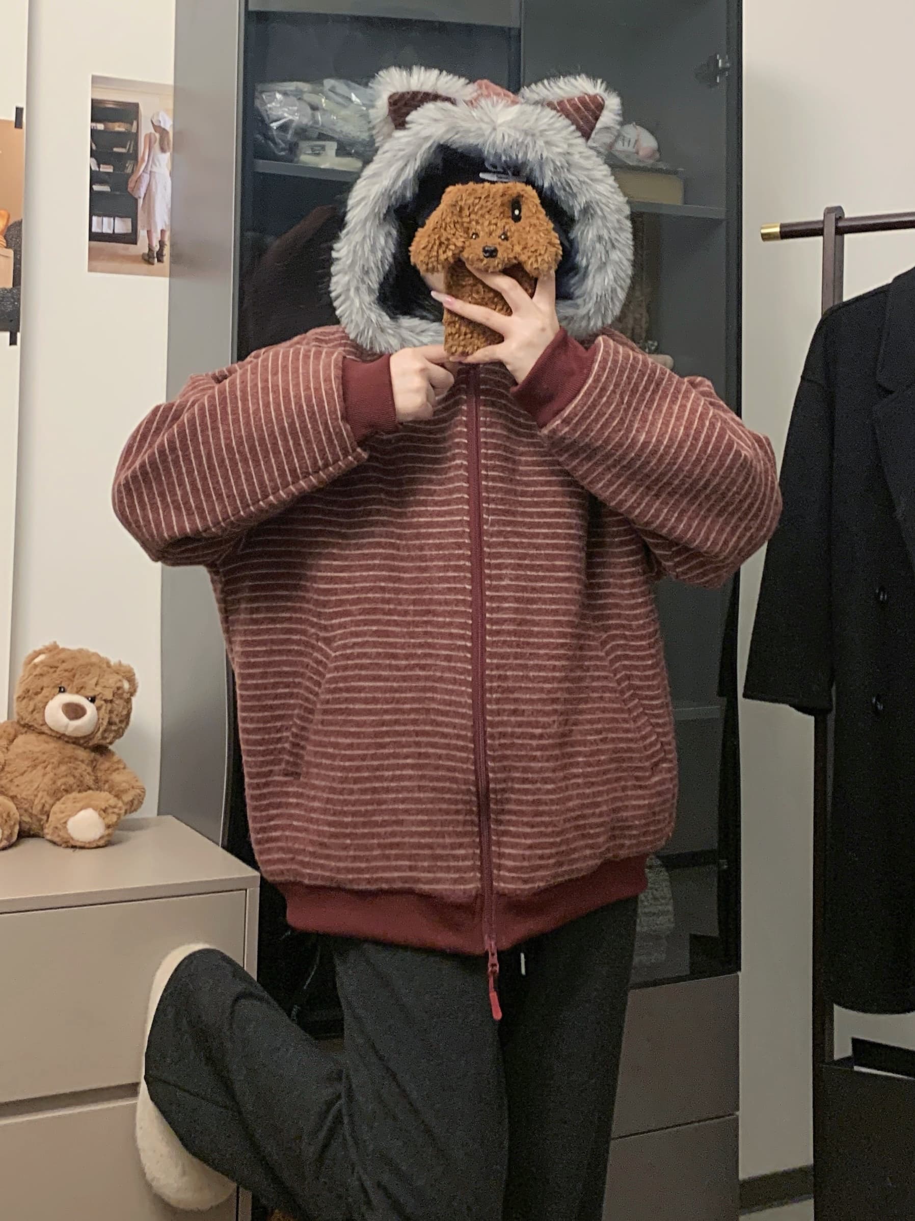 실사 아메리칸 작은 곰 귀 스트라이프 모피 칼라 후드 솜을 넣은 후드티 재킷 겨울 여성 지퍼 오픈 가디건 맨위 트렌디 상세 이미지 17
