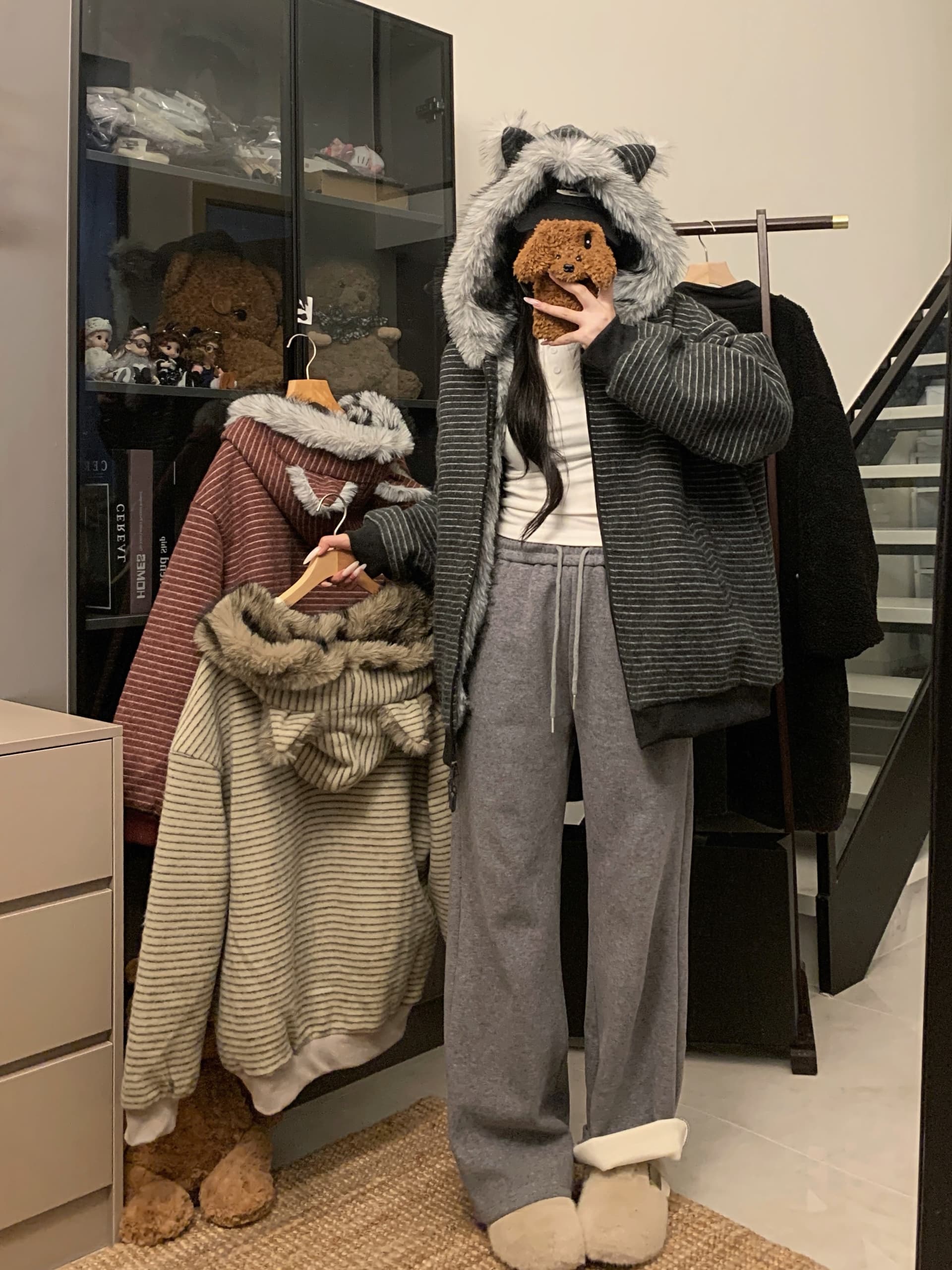 실사 아메리칸 작은 곰 귀 스트라이프 모피 칼라 후드 솜을 넣은 후드티 재킷 겨울 여성 지퍼 오픈 가디건 맨위 트렌디 상세 이미지 23