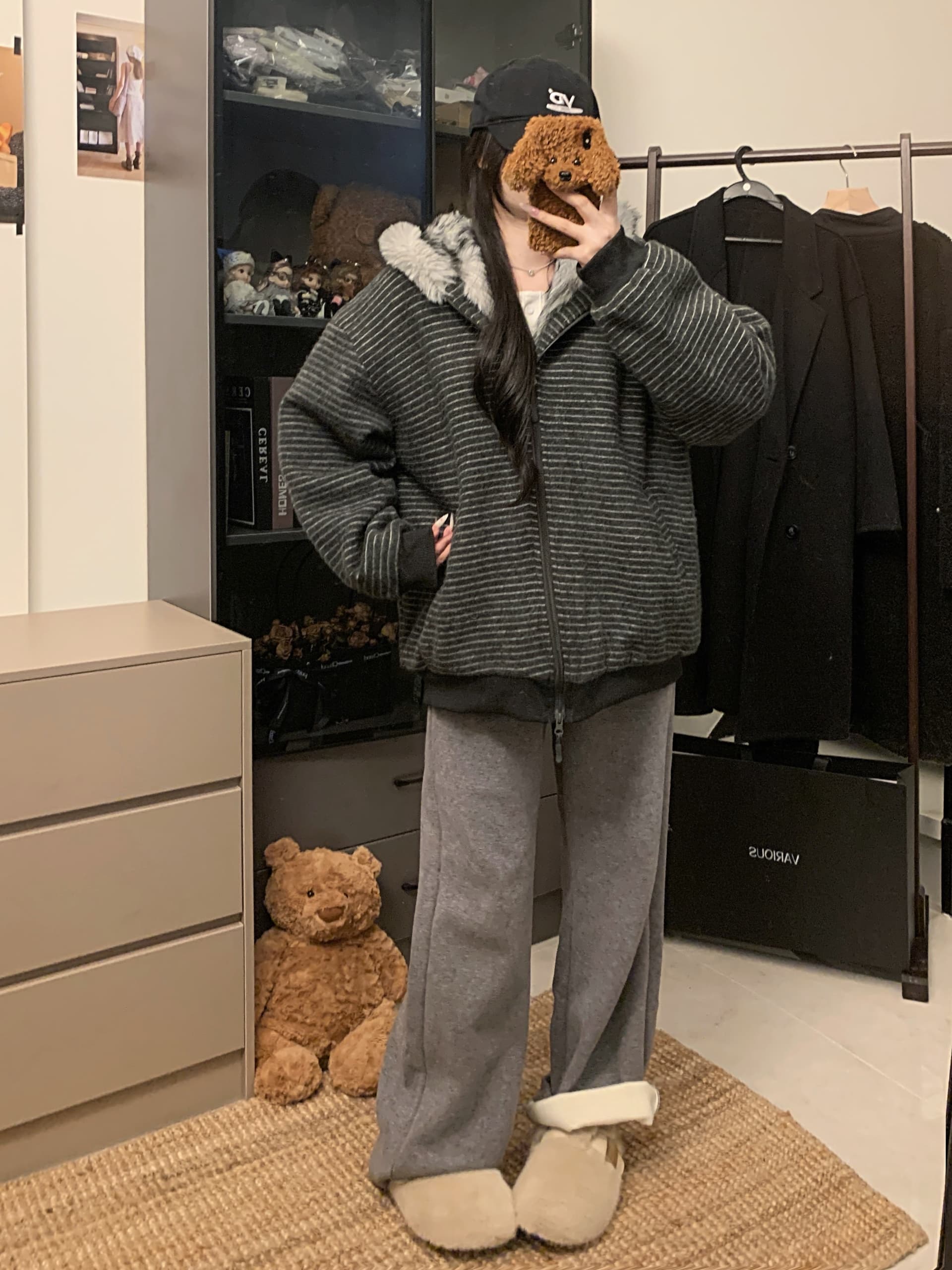 실사 아메리칸 작은 곰 귀 스트라이프 모피 칼라 후드 솜을 넣은 후드티 재킷 겨울 여성 지퍼 오픈 가디건 맨위 트렌디 상세 이미지 25