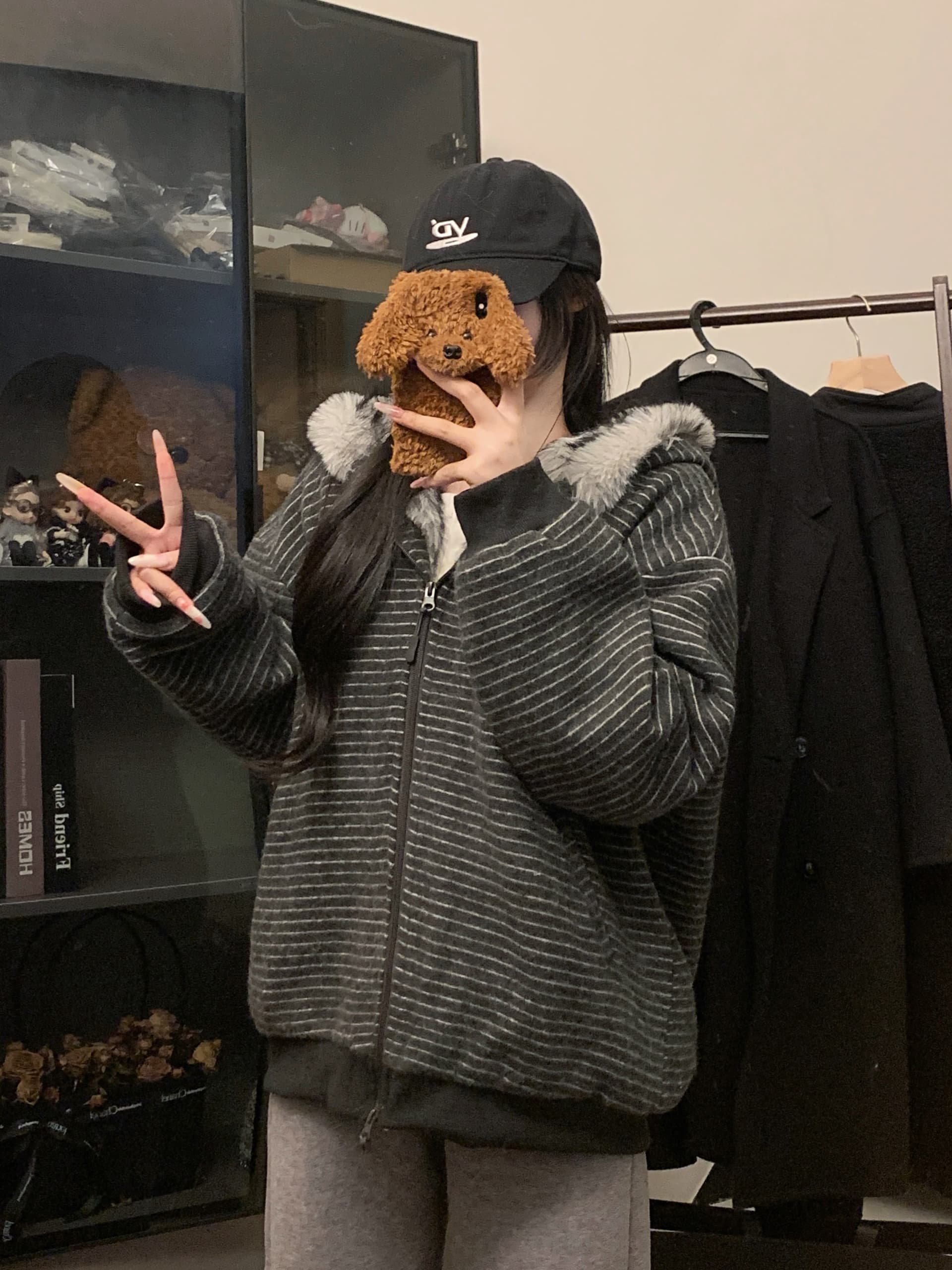 실사 아메리칸 작은 곰 귀 스트라이프 모피 칼라 후드 솜을 넣은 후드티 재킷 겨울 여성 지퍼 오픈 가디건 맨위 트렌디 상세 이미지 29