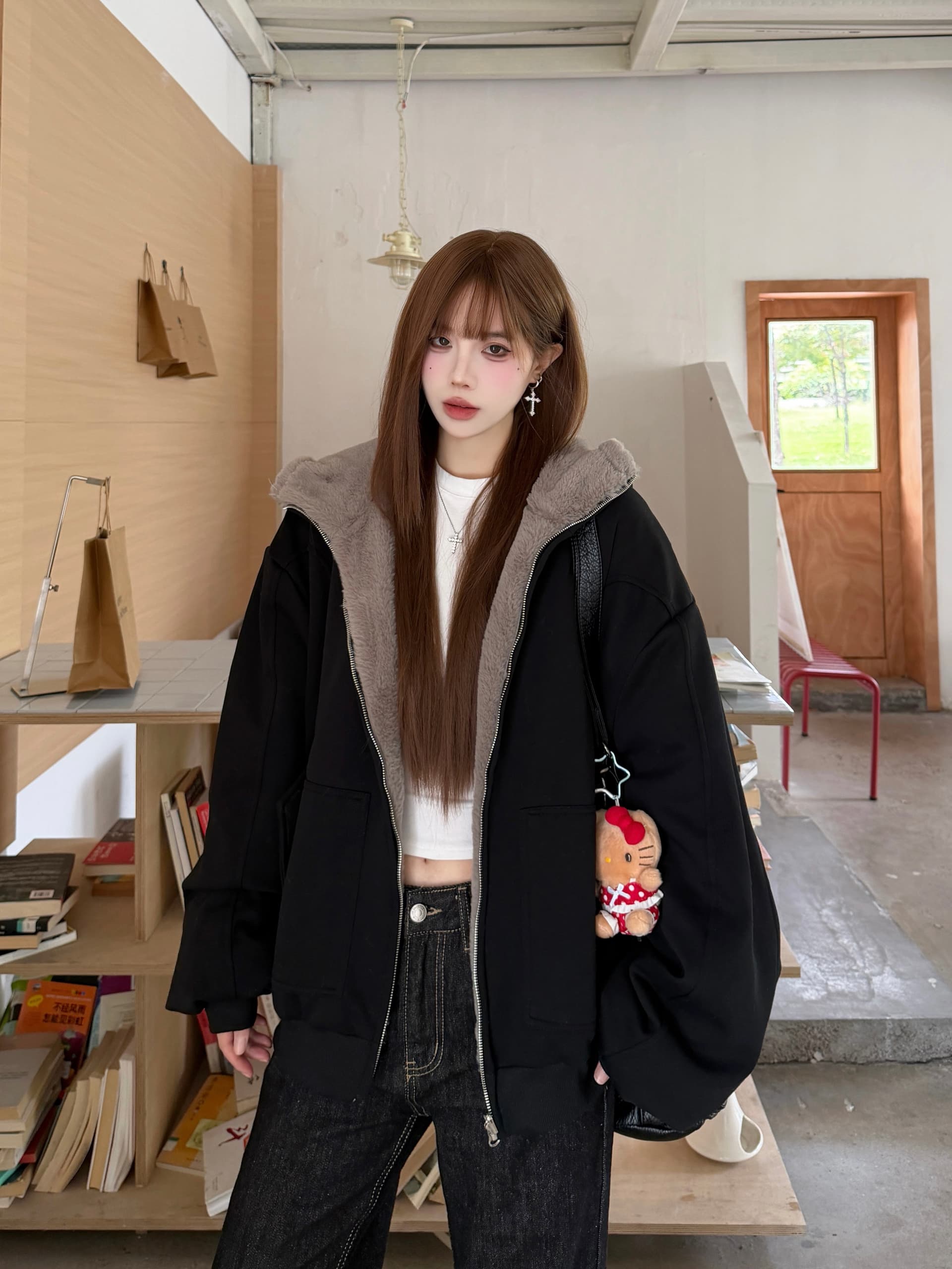 실사 아메리칸 양면 착용 좌 산 조각 도베르만 귀 후드 티 스웨터 재킷 겨울 털이 있는 보온 면 의류 트렌디 상세 이미지 16