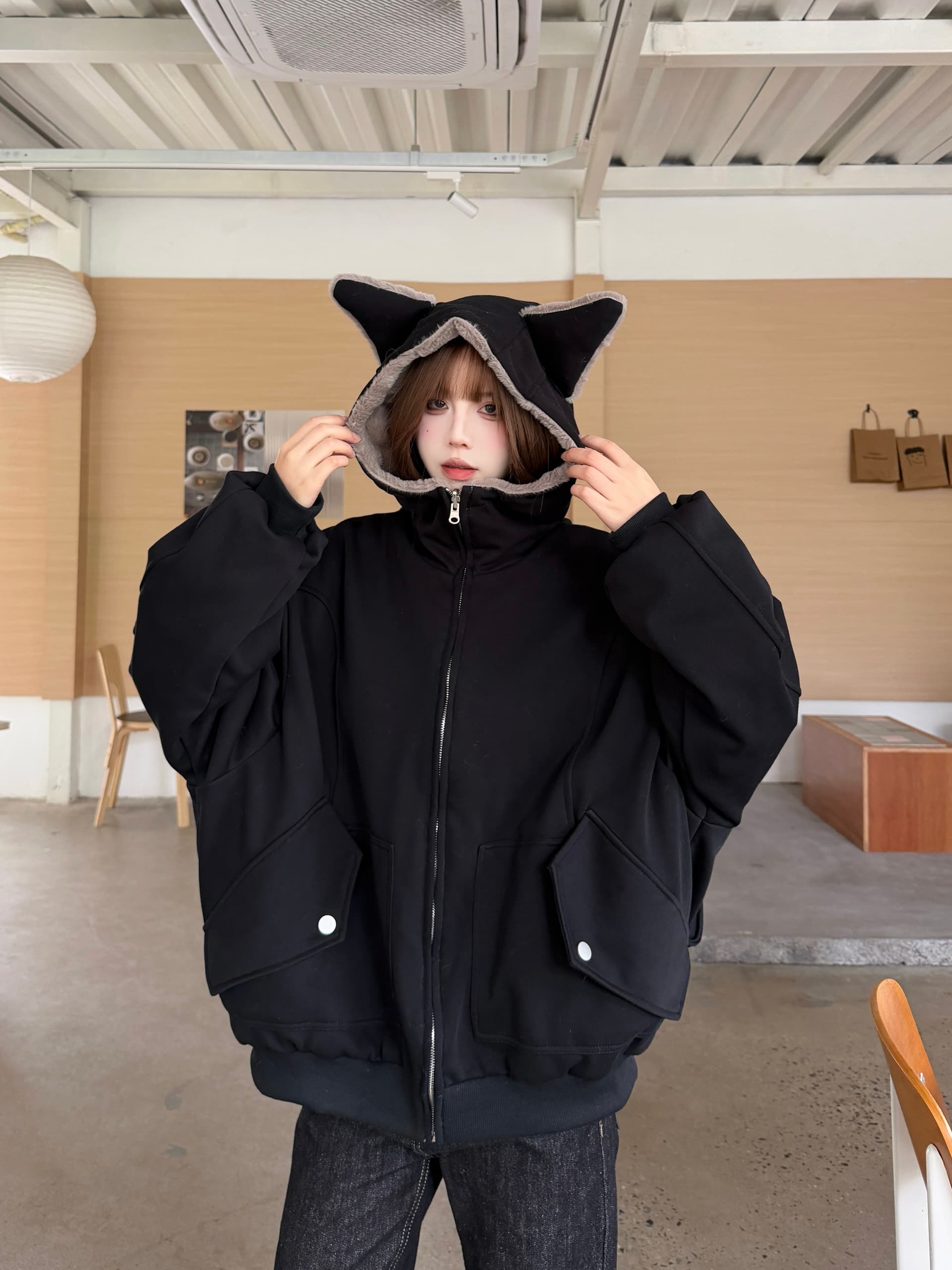 실사 아메리칸 양면 착용 좌 산 조각 도베르만 귀 후드 티 스웨터 재킷 겨울 털이 있는 보온 면 의류 트렌디 상세 이미지 22