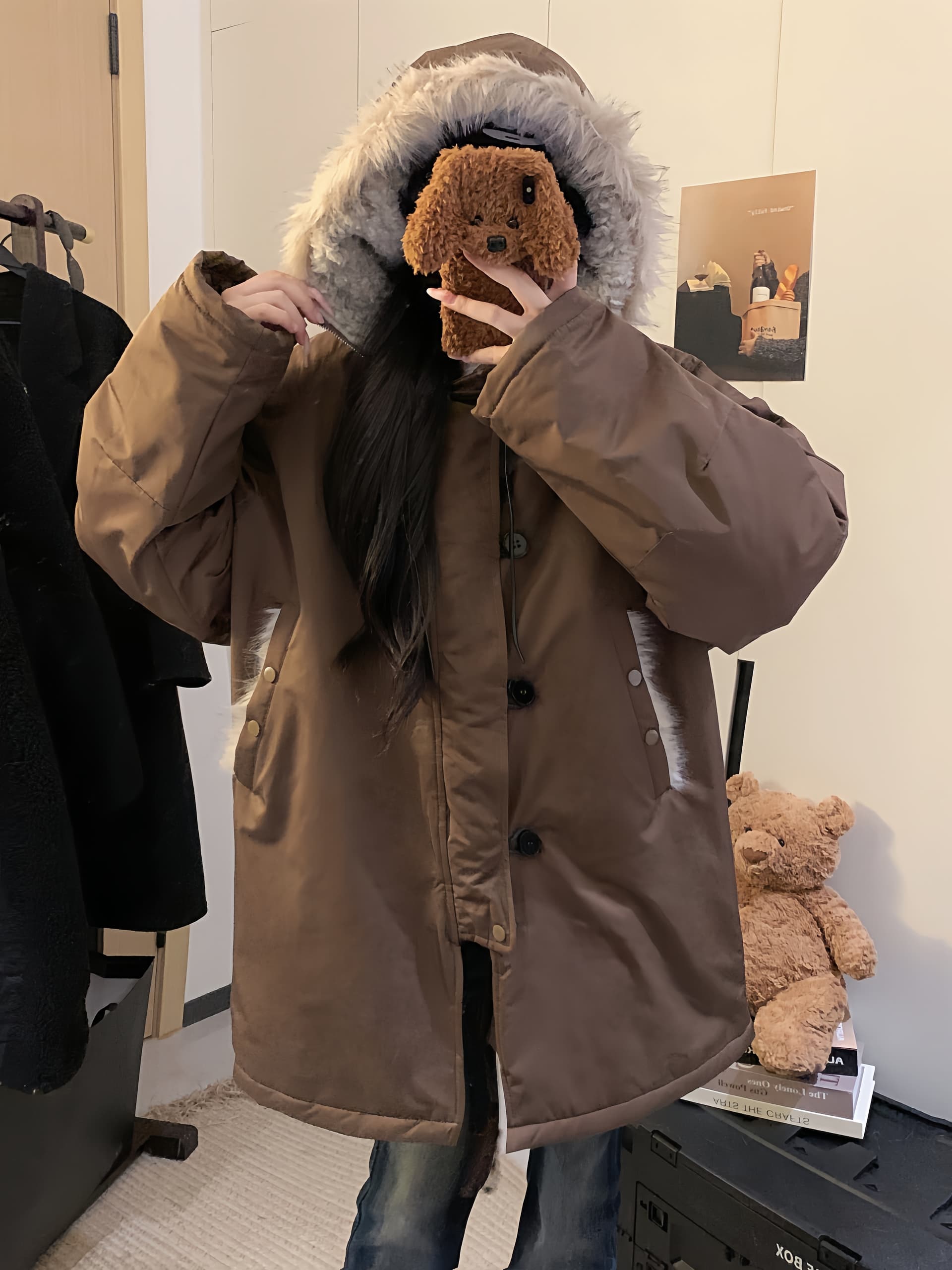 실사 아메리칸 모피 칼라 후드 솜을 넣은 파이 중간 길이 면 의류 여성 겨울 루즈핏 보온 좌 산 조각 요금 재킷 이미지 3