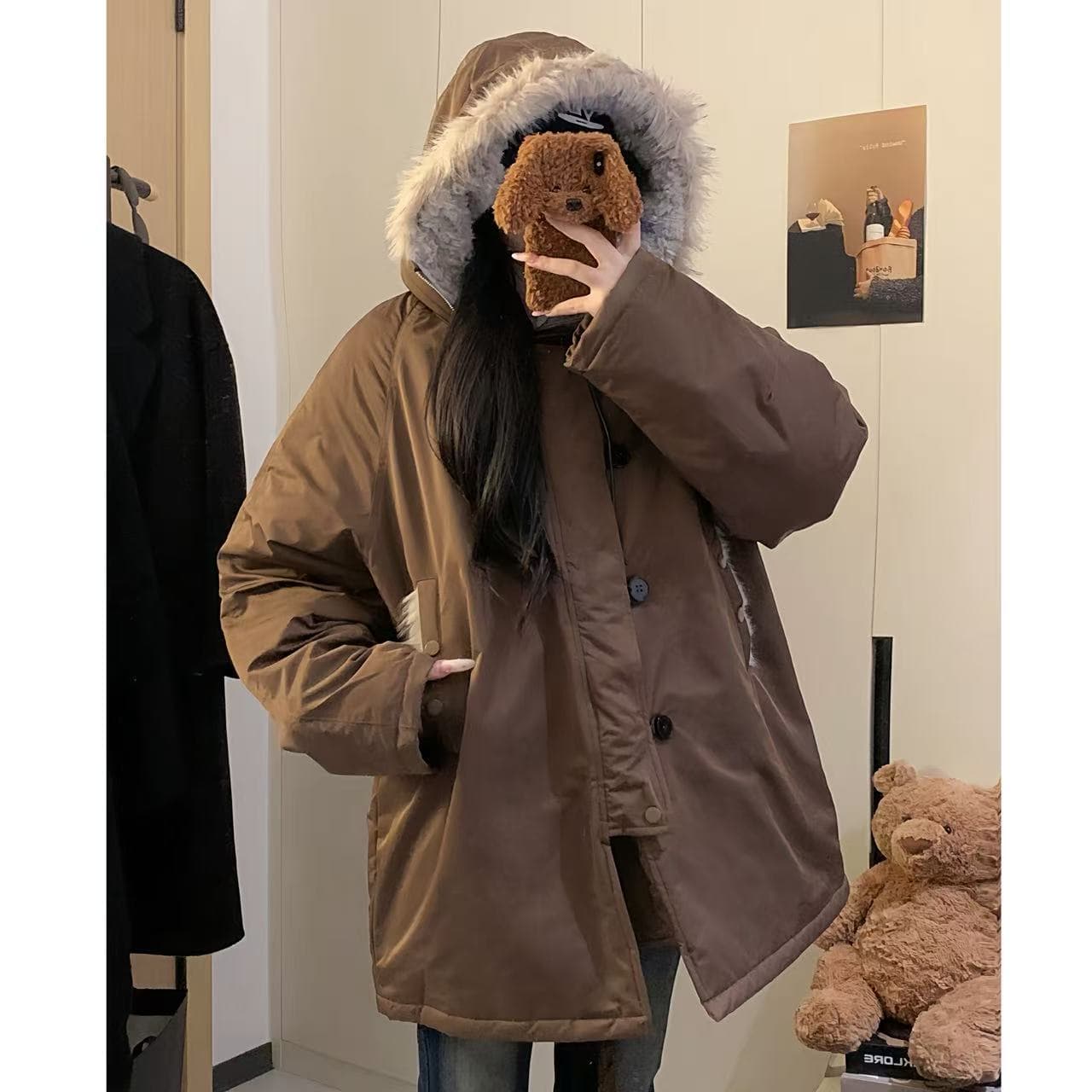 실사 아메리칸 모피 칼라 후드 솜을 넣은 파이 중간 길이 면 의류 여성 겨울 루즈핏 보온 좌 산 조각 요금 재킷 이미지 5
