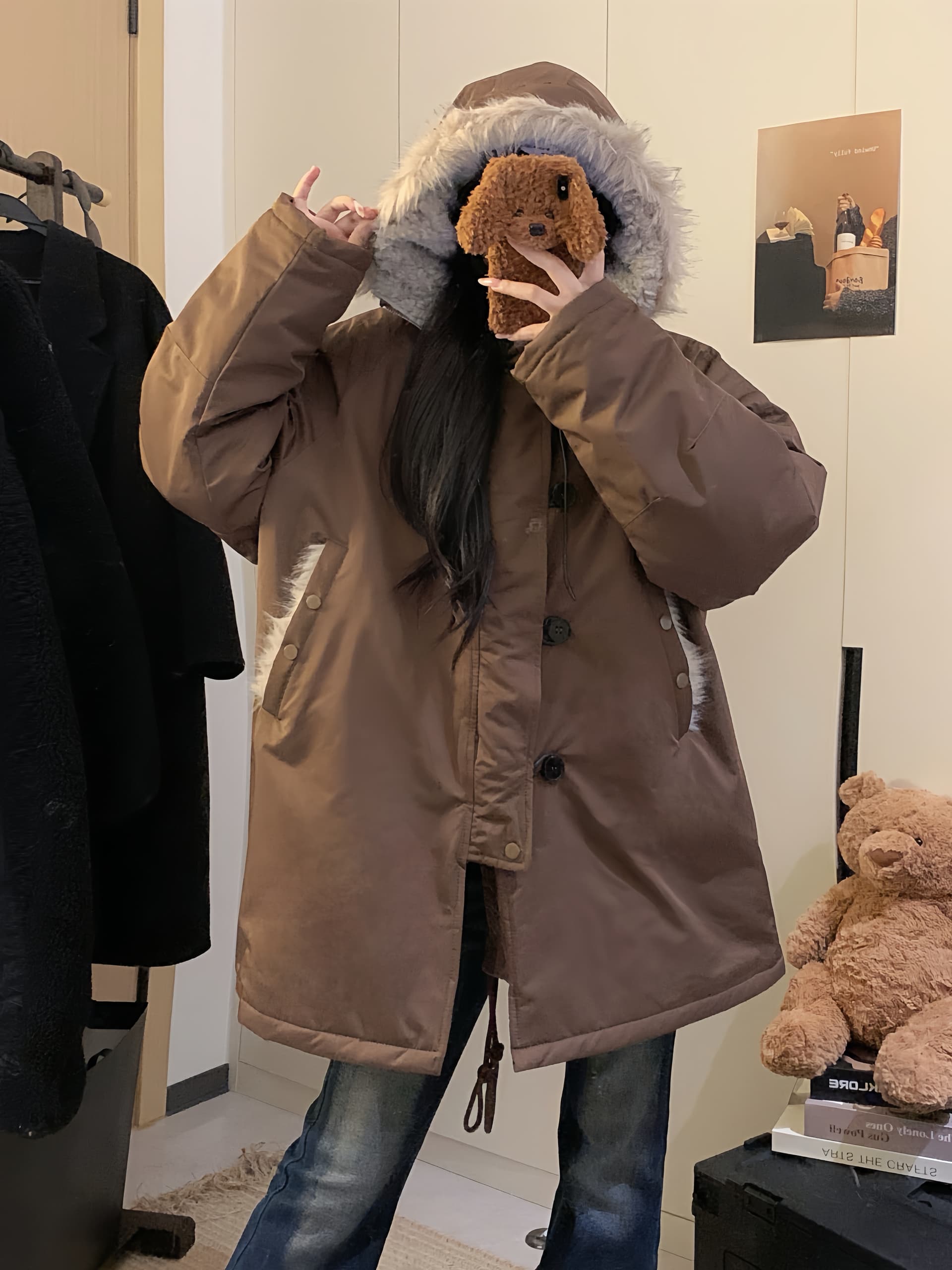 실사 아메리칸 모피 칼라 후드 솜을 넣은 파이 중간 길이 면 의류 여성 겨울 루즈핏 보온 좌 산 조각 요금 재킷 상세 이미지 13