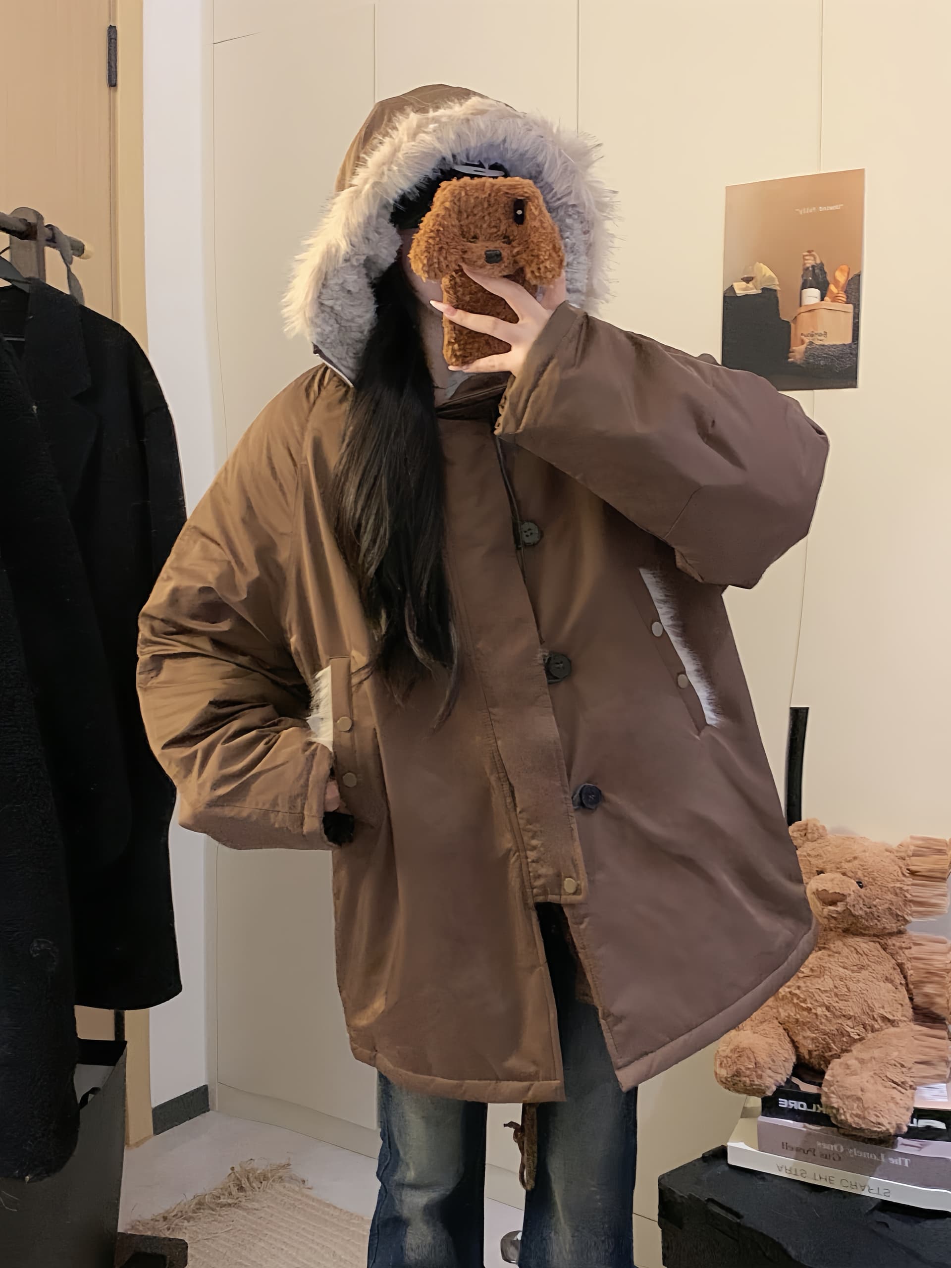 실사 아메리칸 모피 칼라 후드 솜을 넣은 파이 중간 길이 면 의류 여성 겨울 루즈핏 보온 좌 산 조각 요금 재킷 상세 이미지 19