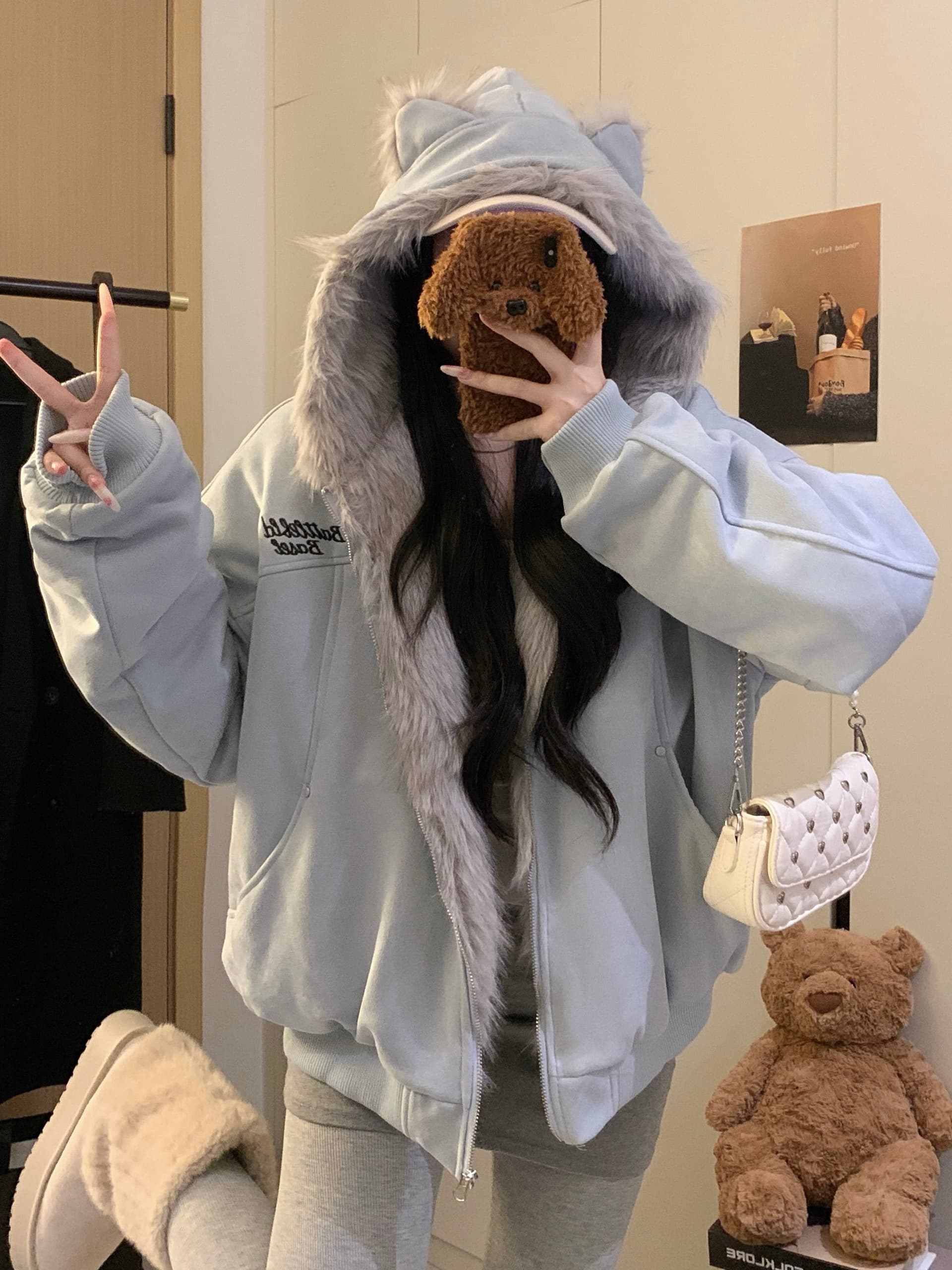 실사 토끼 귀 모피 칼라 좌 산 조각 스웨이드 원단 면 옷 겨울 두꺼운 보온 루즈핏 솜을 넣은 지퍼 재킷 트렌디 이미지 2