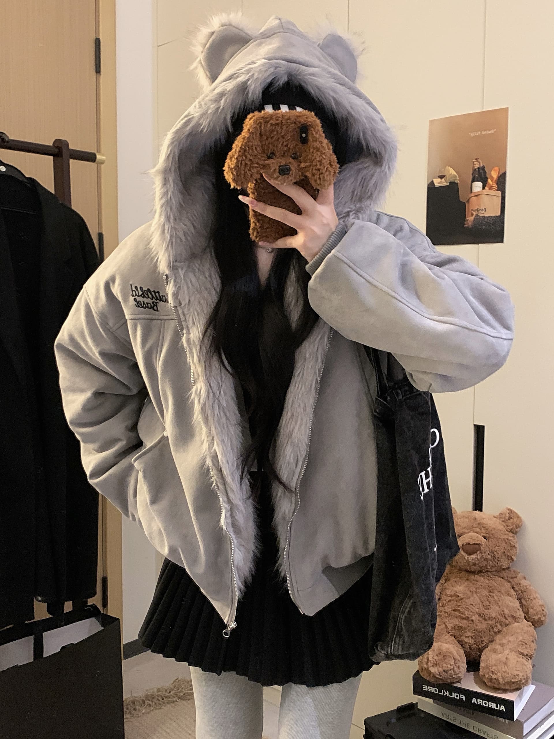 실사 토끼 귀 모피 칼라 좌 산 조각 스웨이드 원단 면 옷 겨울 두꺼운 보온 루즈핏 솜을 넣은 지퍼 재킷 트렌디 상세 이미지 5