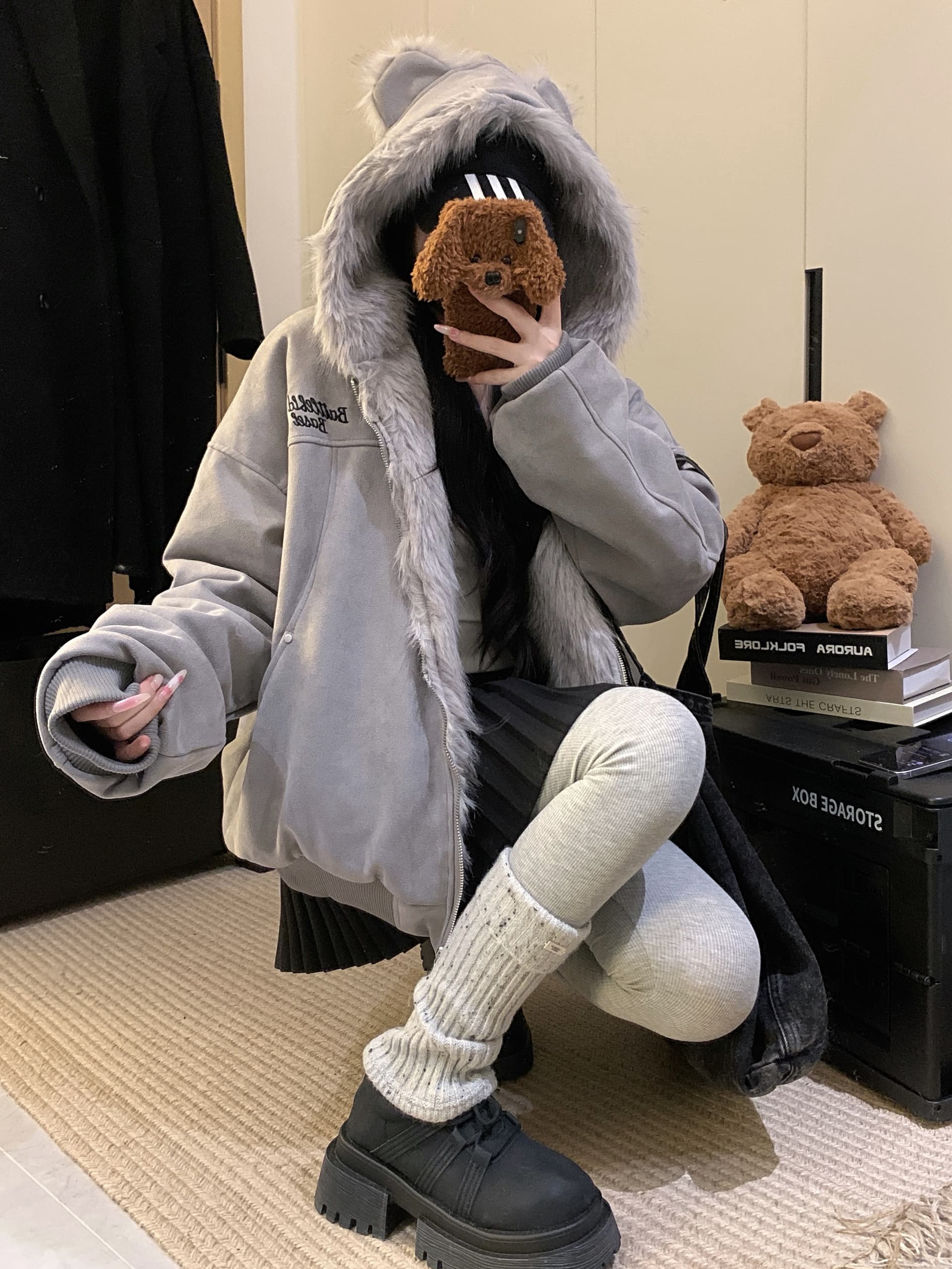 실사 토끼 귀 모피 칼라 좌 산 조각 스웨이드 원단 면 옷 겨울 두꺼운 보온 루즈핏 솜을 넣은 지퍼 재킷 트렌디 상세 이미지 7
