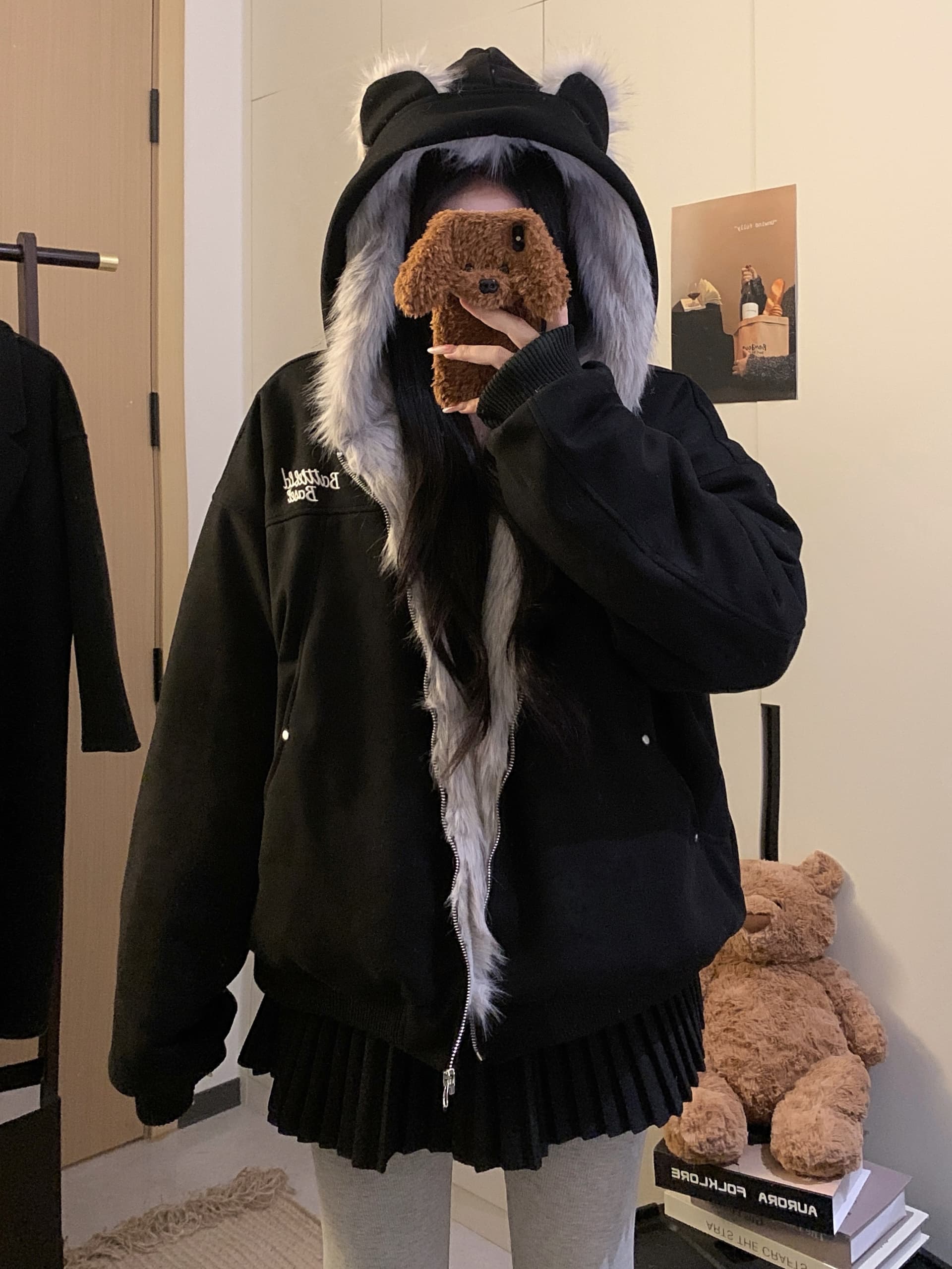 실사 토끼 귀 모피 칼라 좌 산 조각 스웨이드 원단 면 옷 겨울 두꺼운 보온 루즈핏 솜을 넣은 지퍼 재킷 트렌디 상세 이미지 22